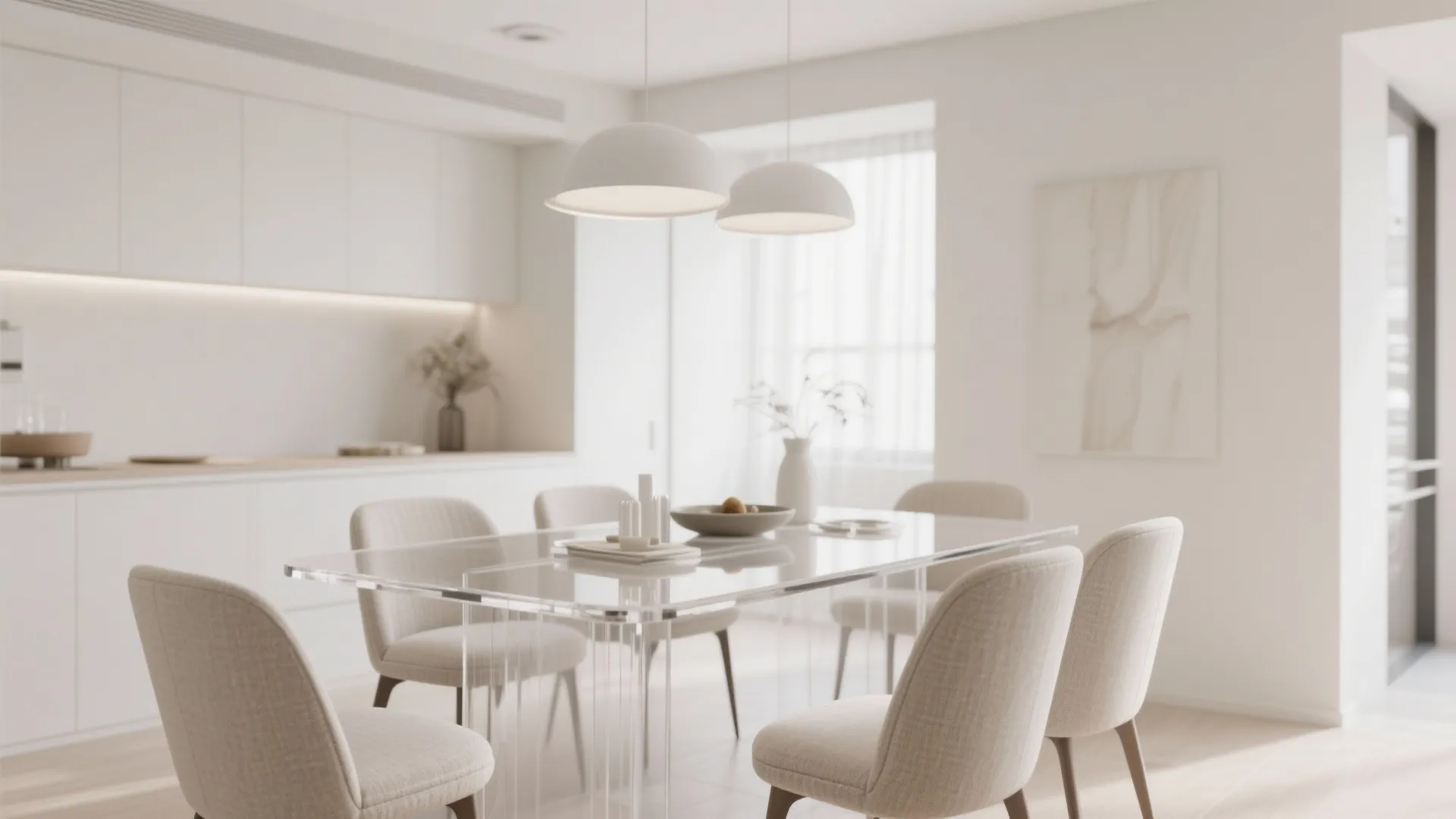 Modern dining room with transparent table four beige chairs two white ceiling lights and kitchen