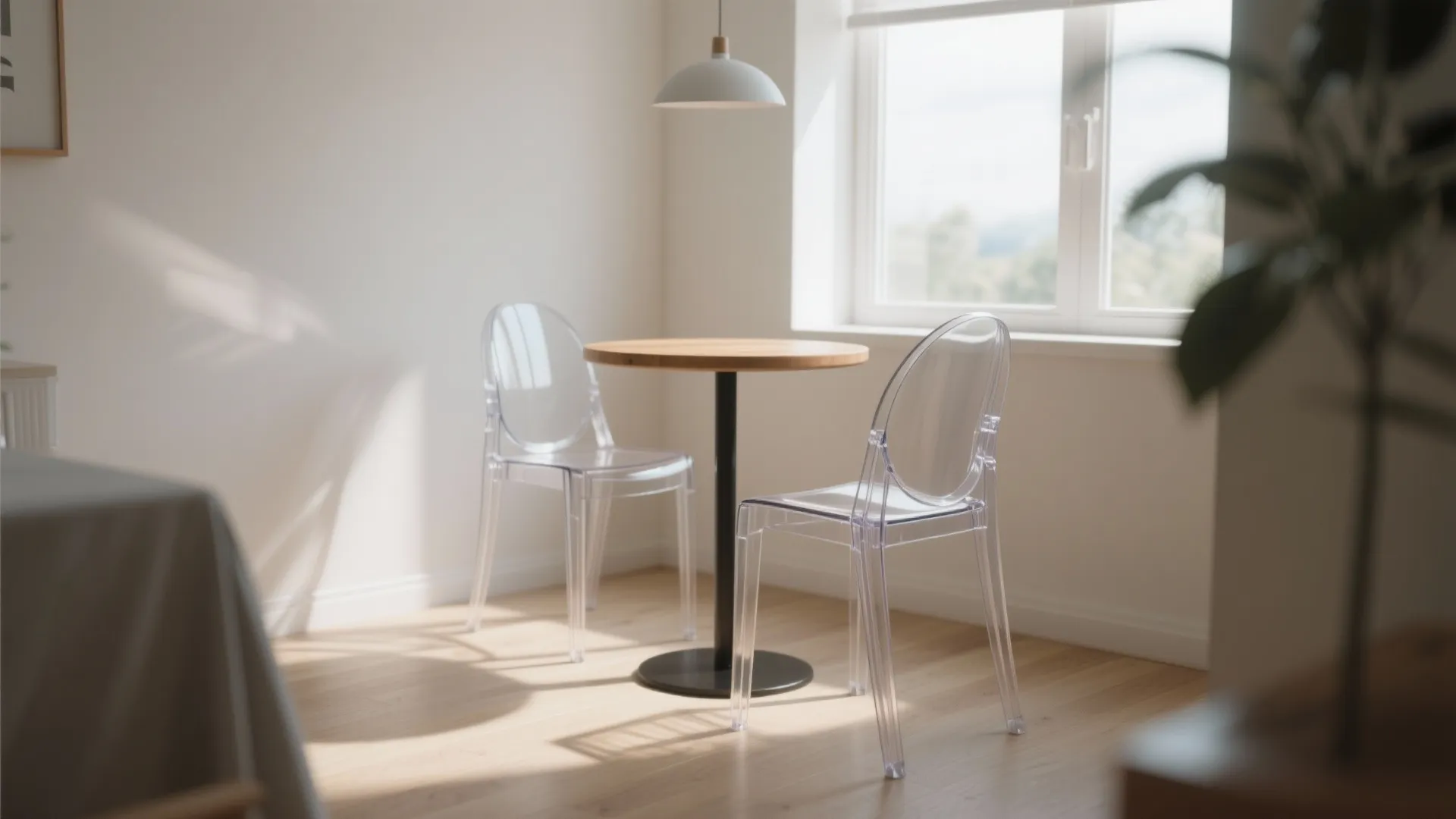 Modern dining area with two clear plastic chairs small wooden table and simple white ceiling light