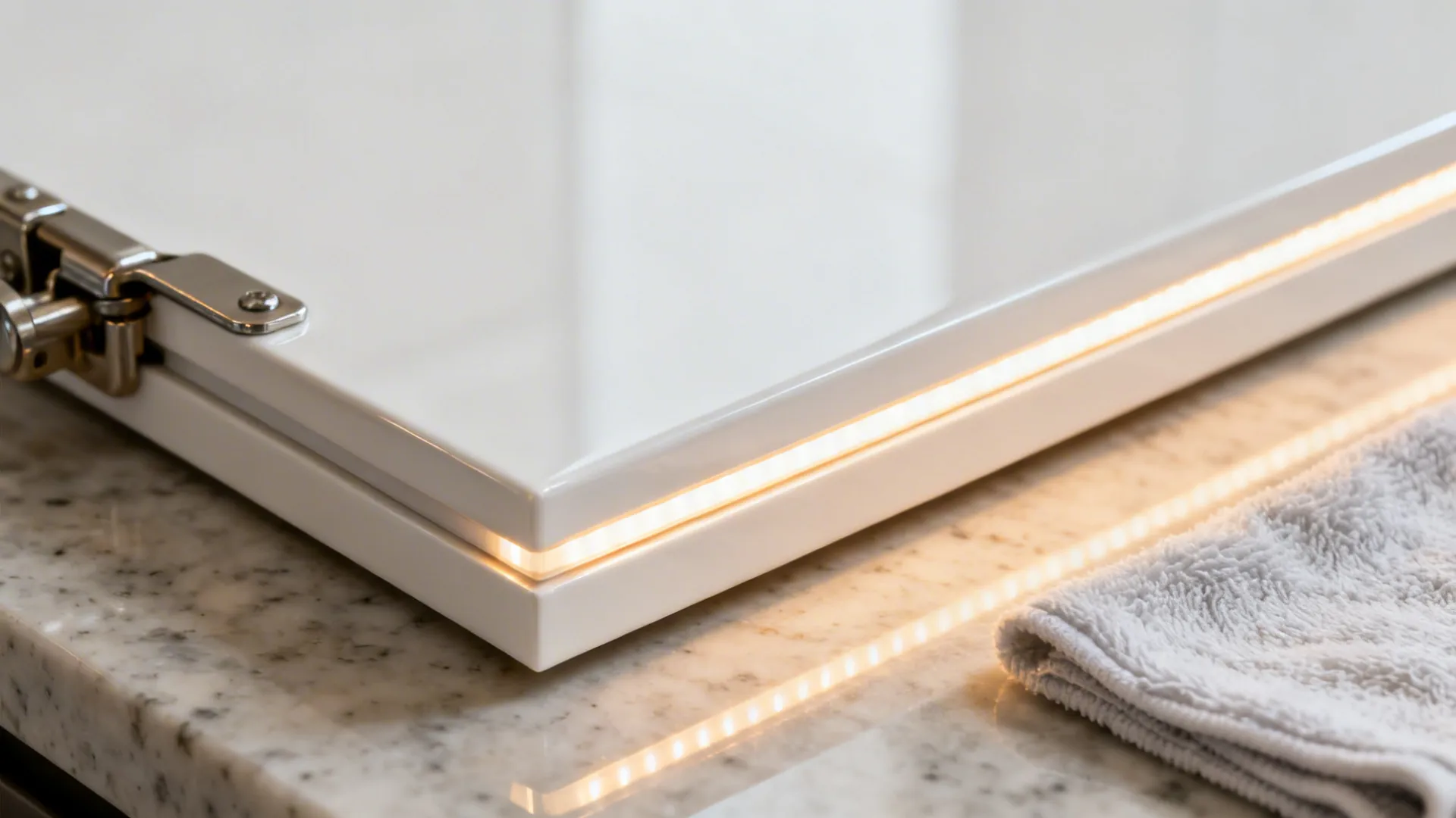 Macro of white acrylic cabinet edge and hinge with warm LED reflection.