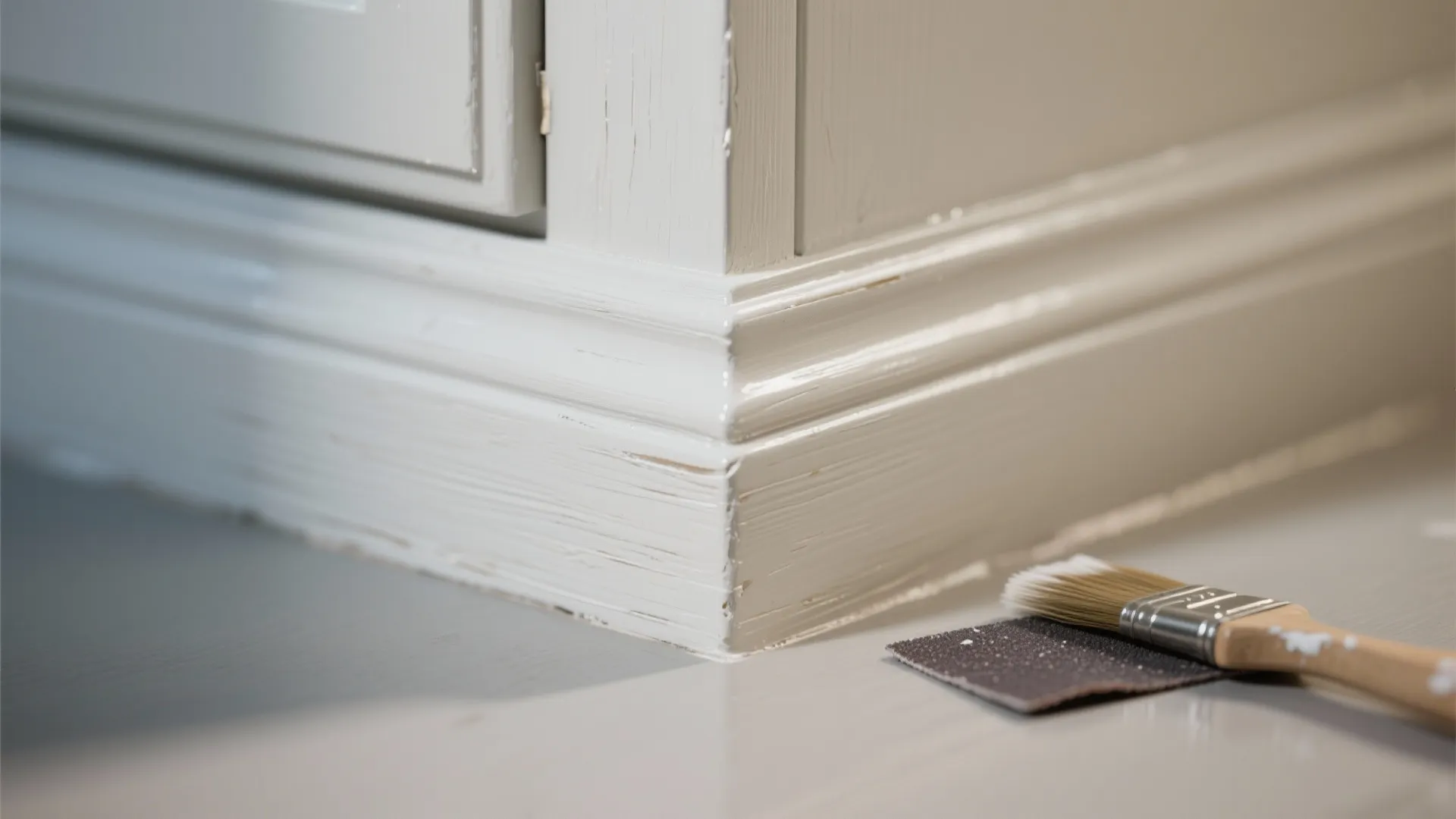 Close up view of white wall panel base being painted with a brush and sandpaper