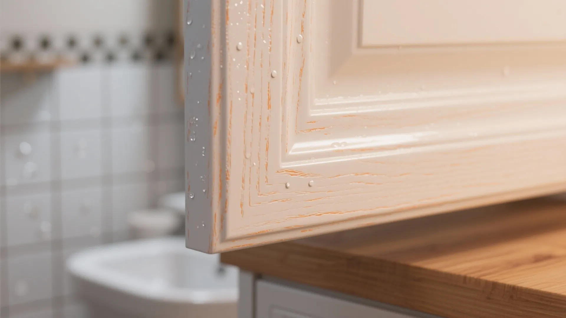 Close-up of a painted light wood cabinet door with water droplets in a bathroom setting