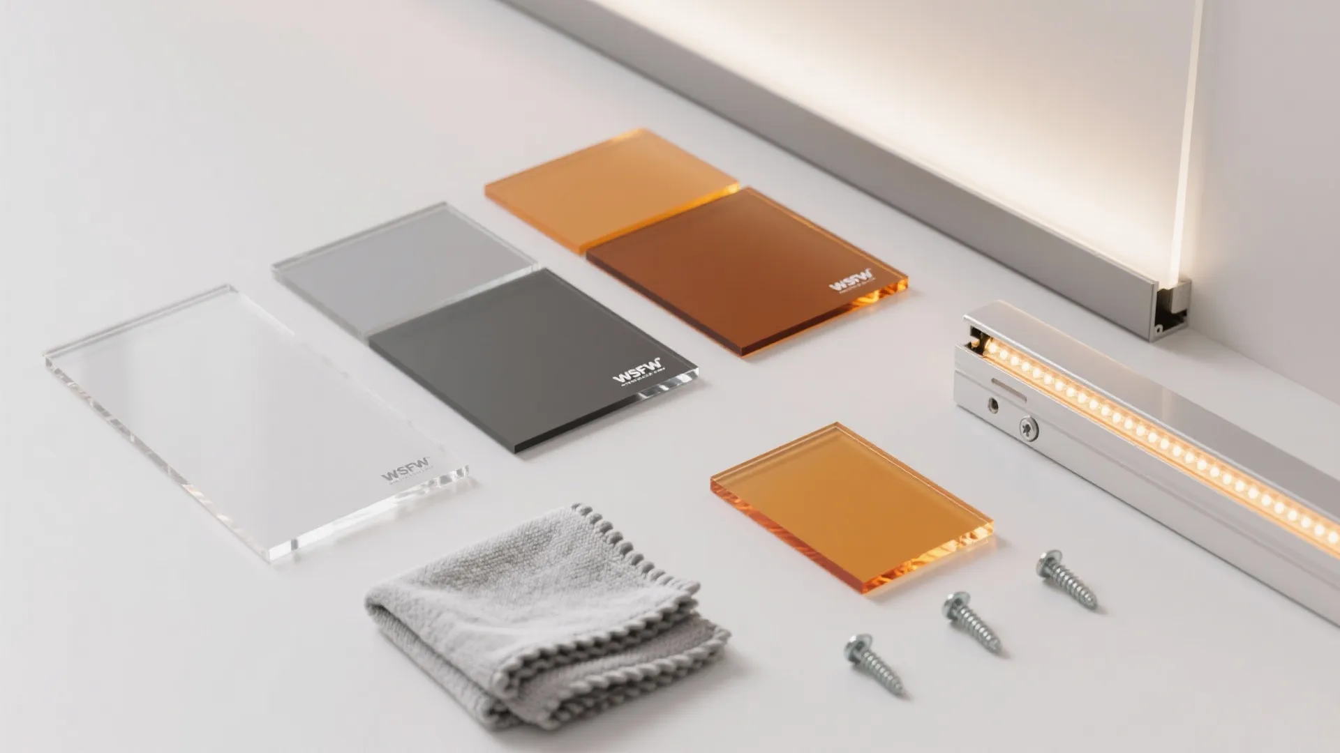 Colored glass panels arranged on white surface with screws grey cloth and modern light fixture