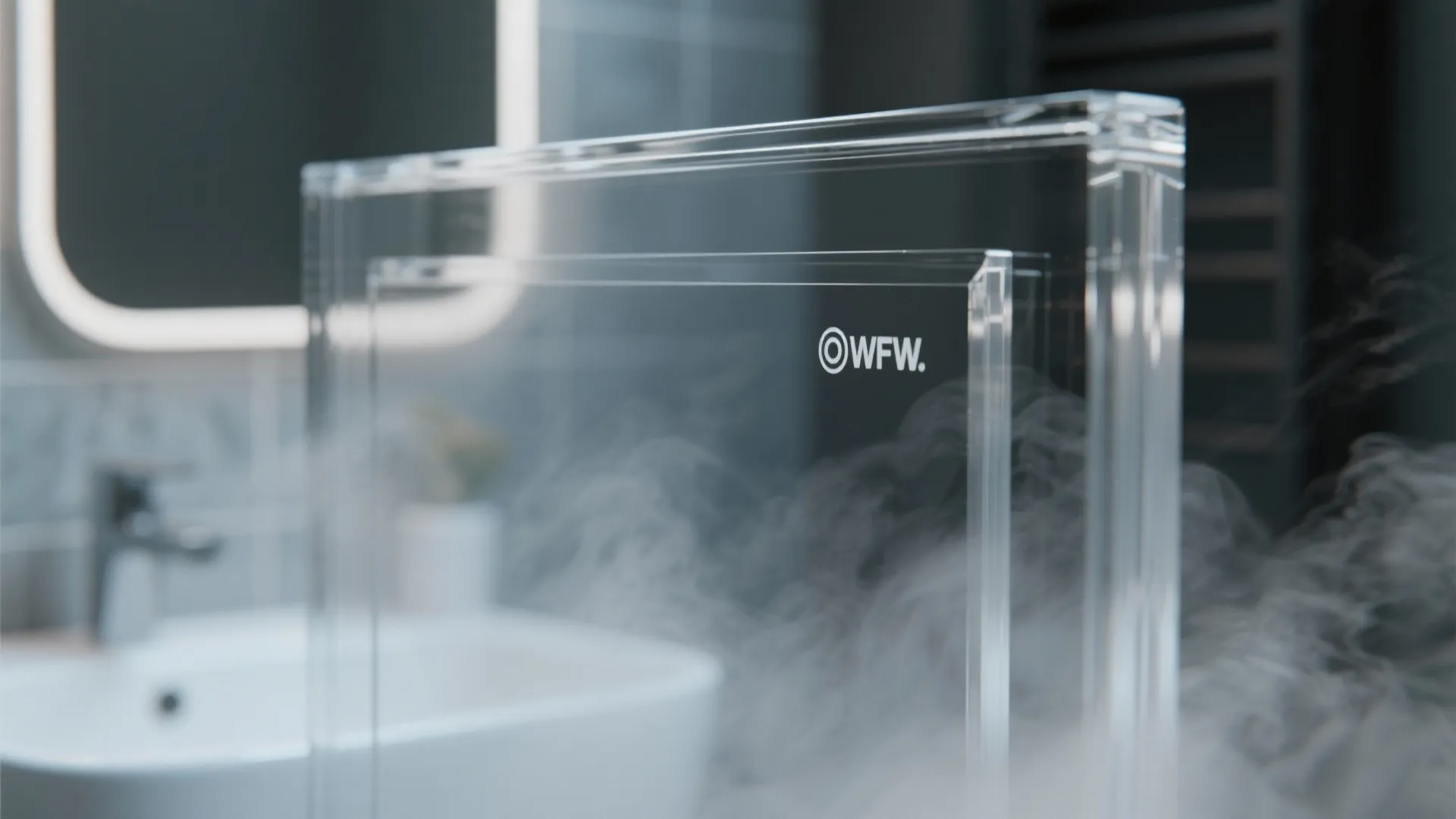Close up of clear plastic picture frame in misty bathroom with sink and mirror background