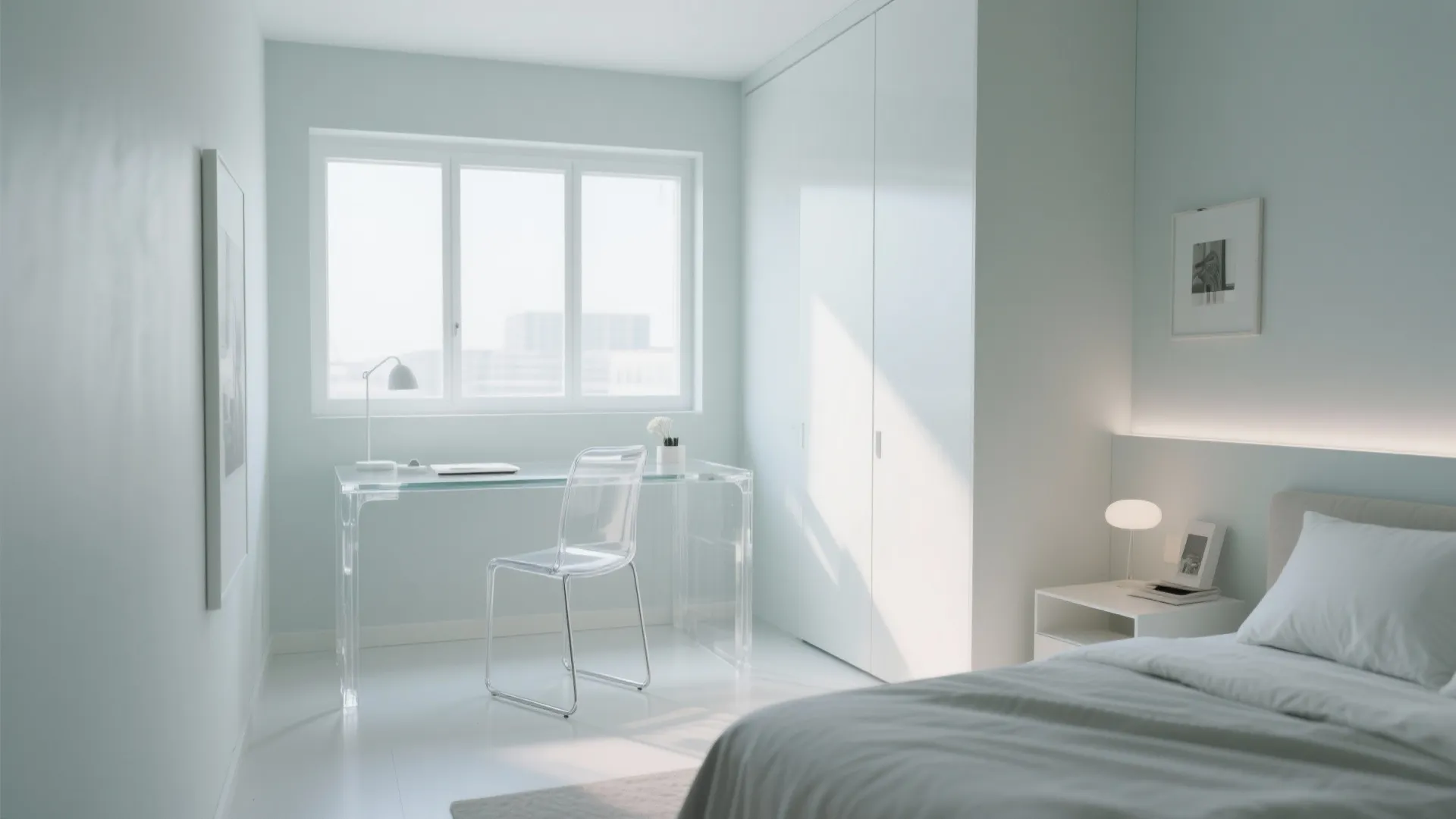 Modern white bedroom featuring a clear acrylic desk and chair next to a large window
