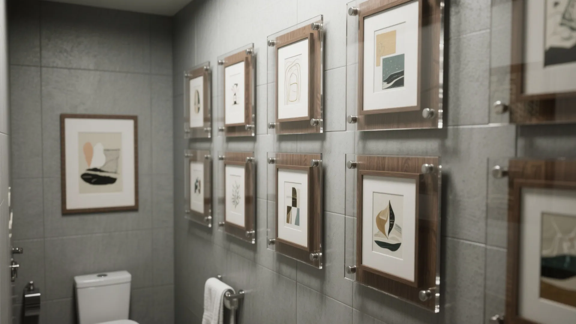 Grey bathroom wall featuring a gallery of framed art prints behind clear acrylic glass panels