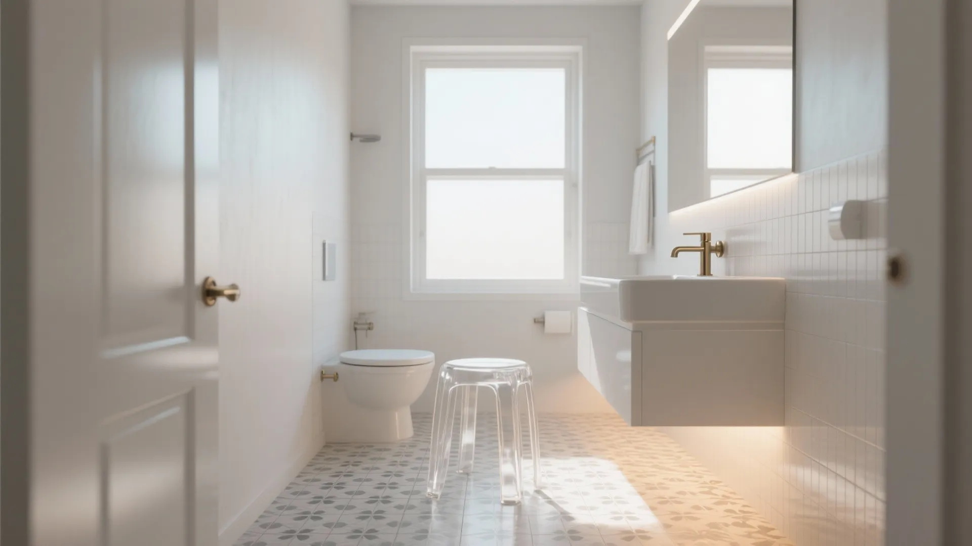 Clear acrylic ghost stool near sink in a compact bath, light passing underneath over patterned floor.