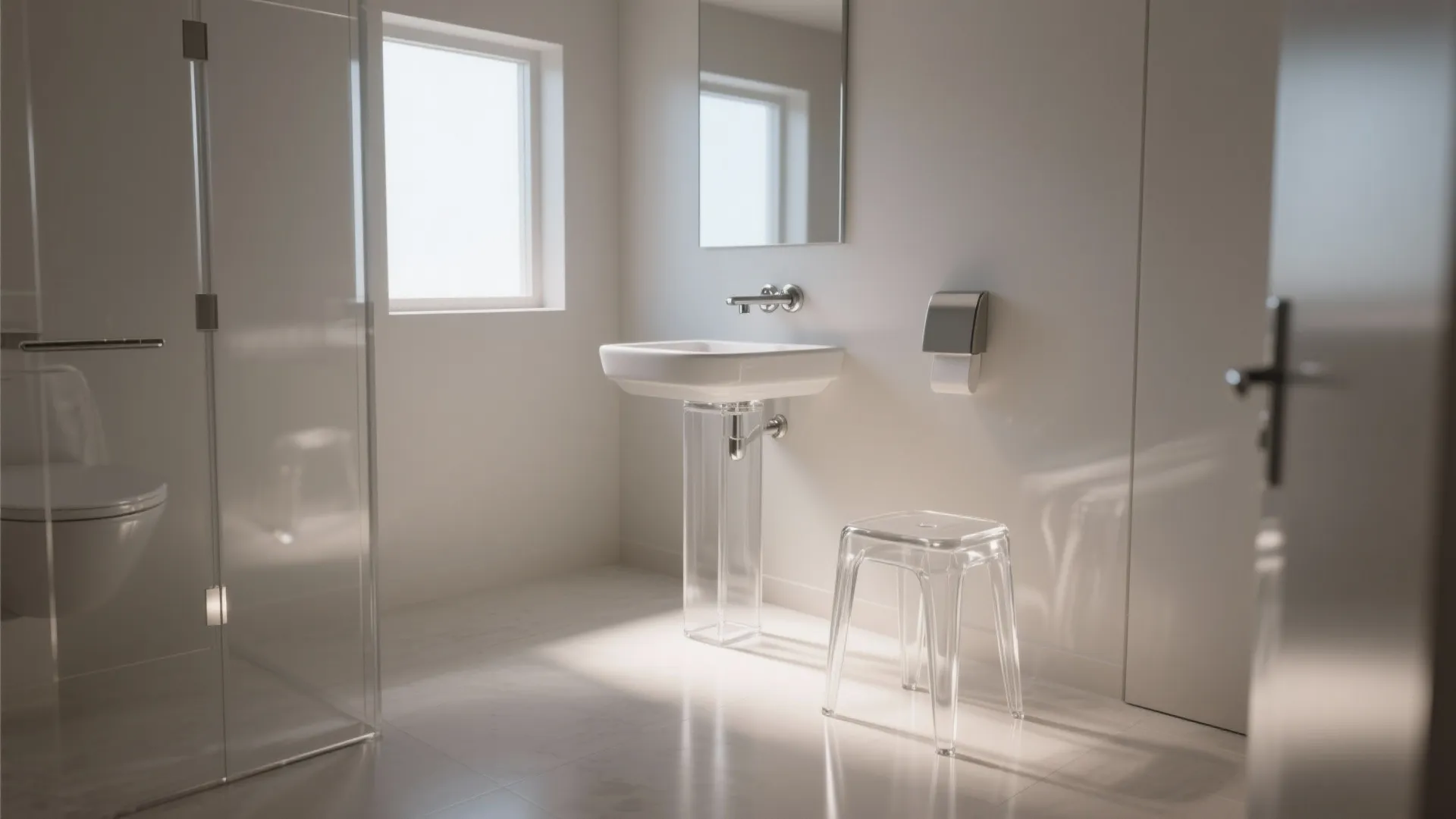 Clear acrylic ghost stool by a pedestal sink in a tiny powder room.