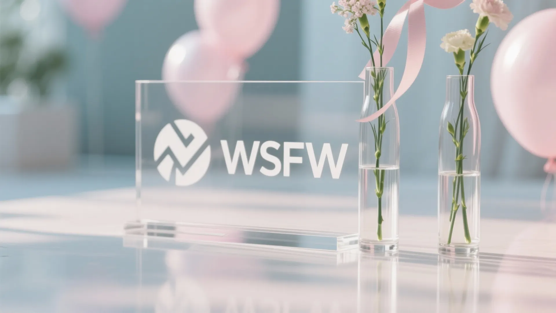 Clear acrylic glass sign with logo next to flowers in bottles and pink party balloons