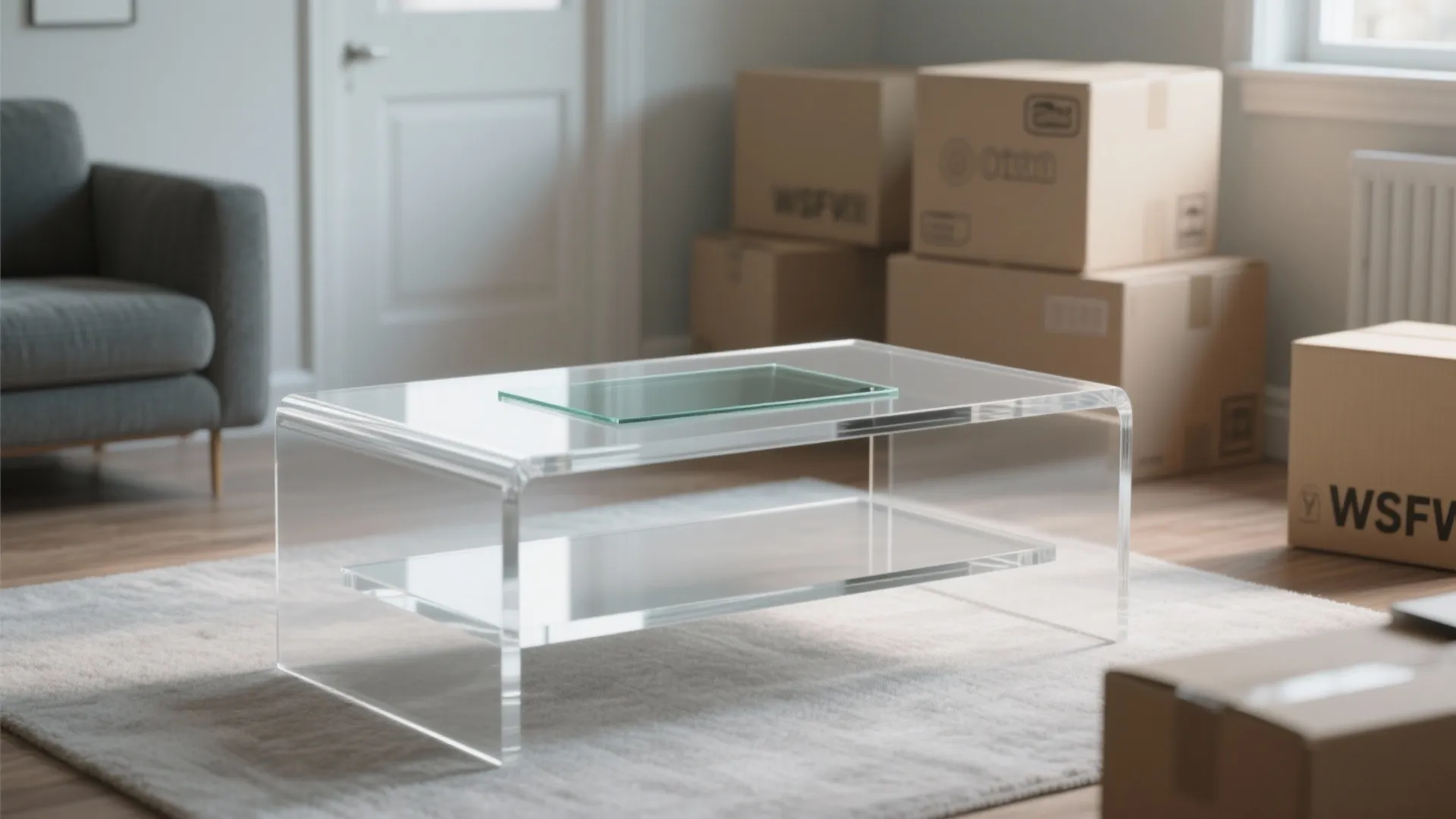 Modern clear plastic coffee table in a living room with cardboard boxes and grey sofa