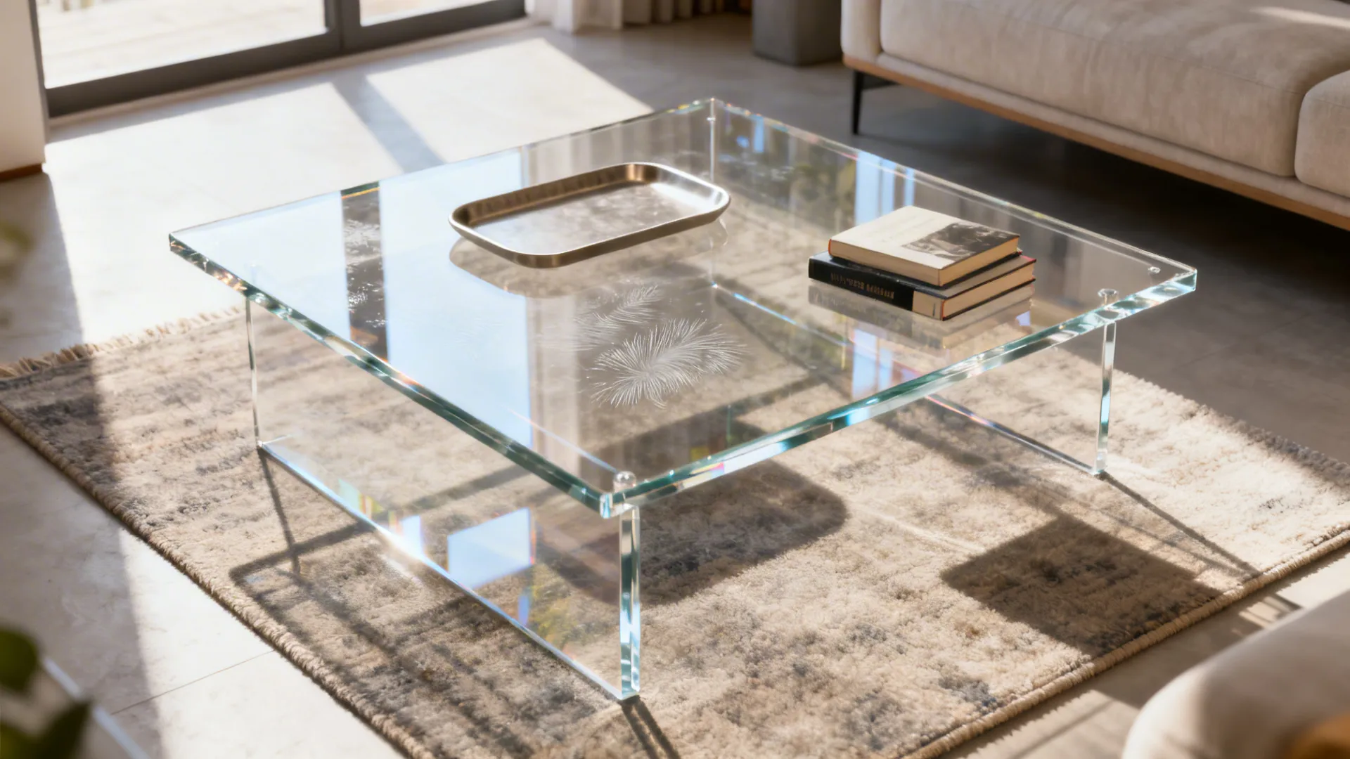 Clear acrylic coffee table in a small living room with minimal styling