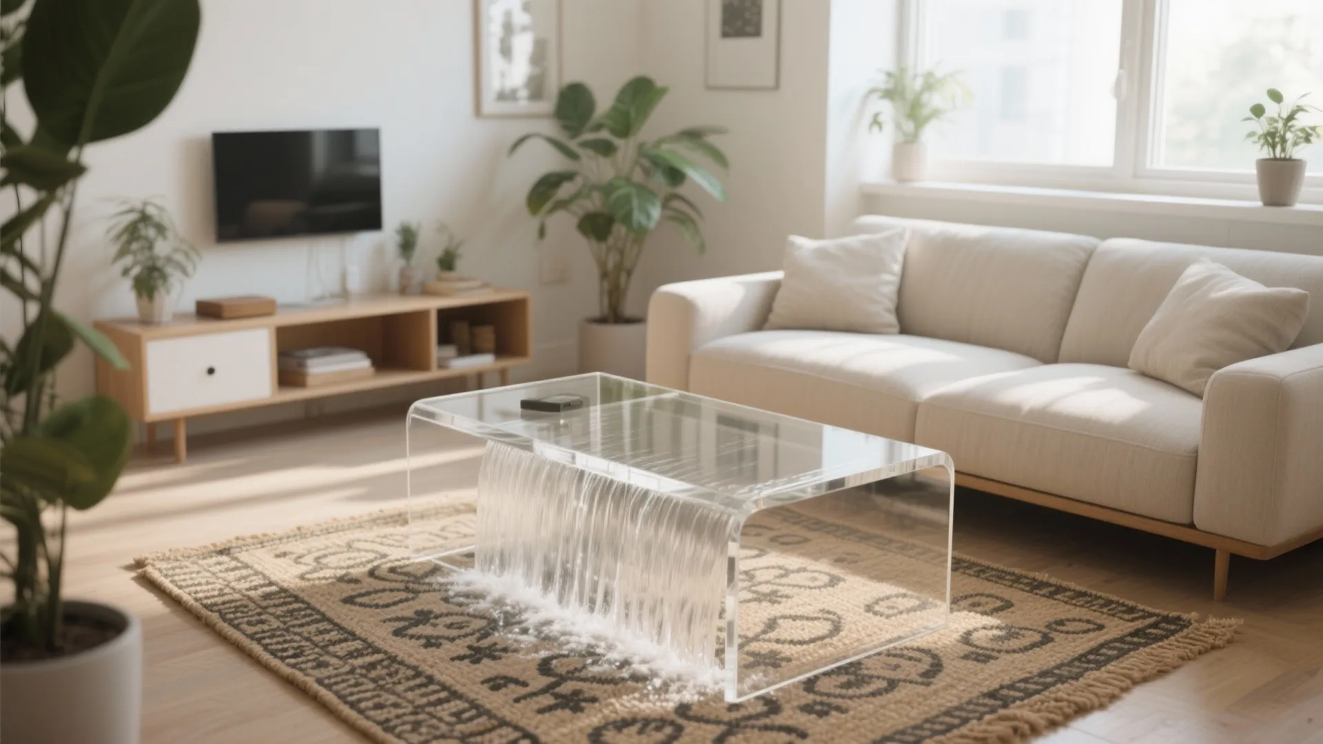 3) Glass or acrylic tables to open up tiny rooms