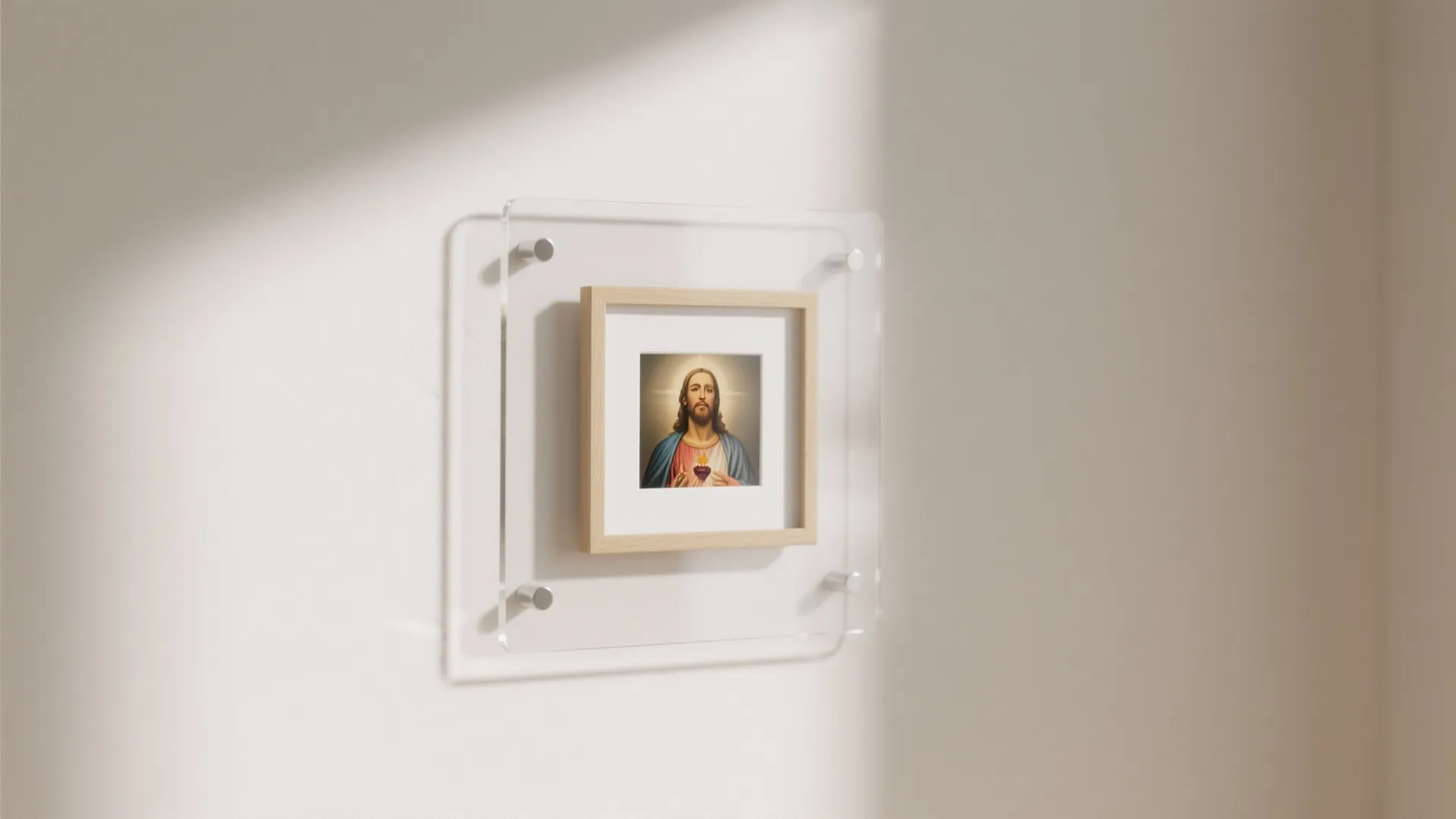 Small framed religious picture mounted on a clear acrylic board on a plain white wall