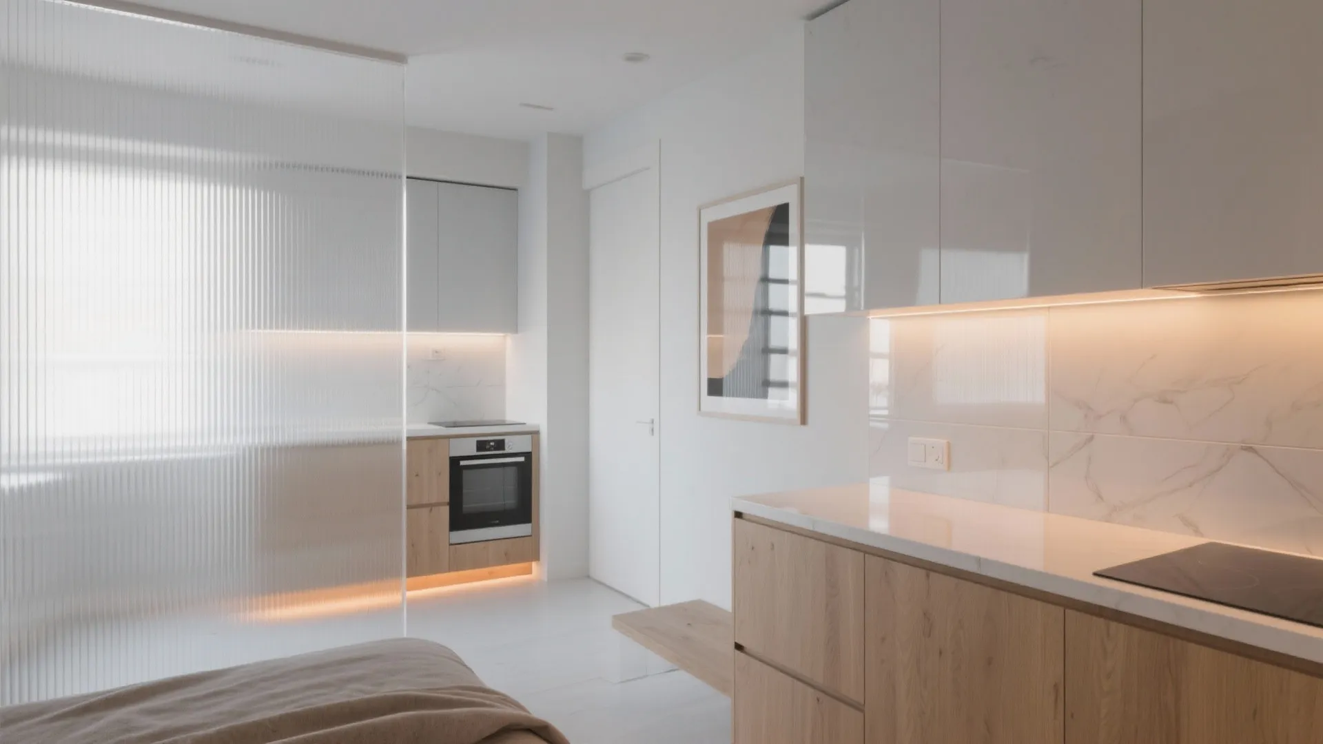 Modern white kitchen with wooden cabinets marble backsplash glass partition wall art and warm lighting