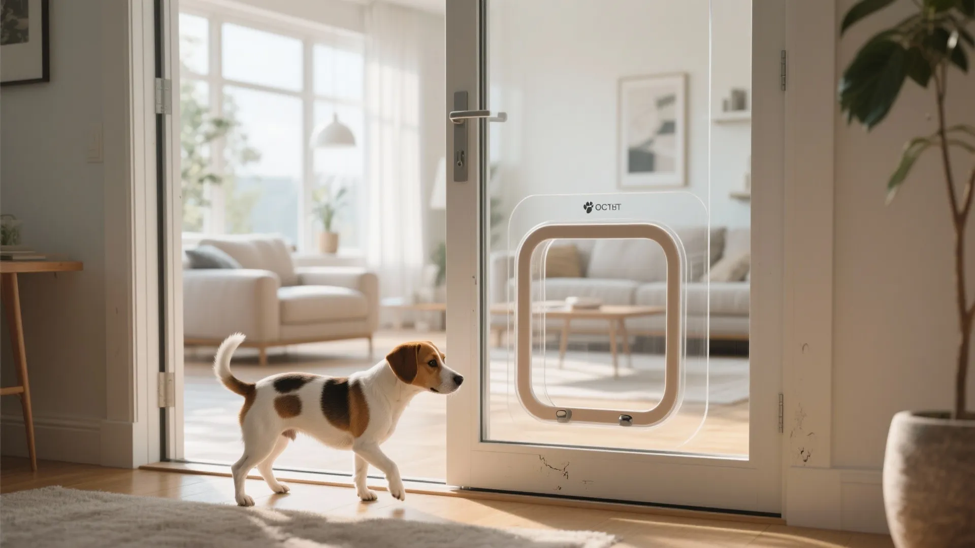 A small dog stands next to a glass door featuring an installed clear plastic door