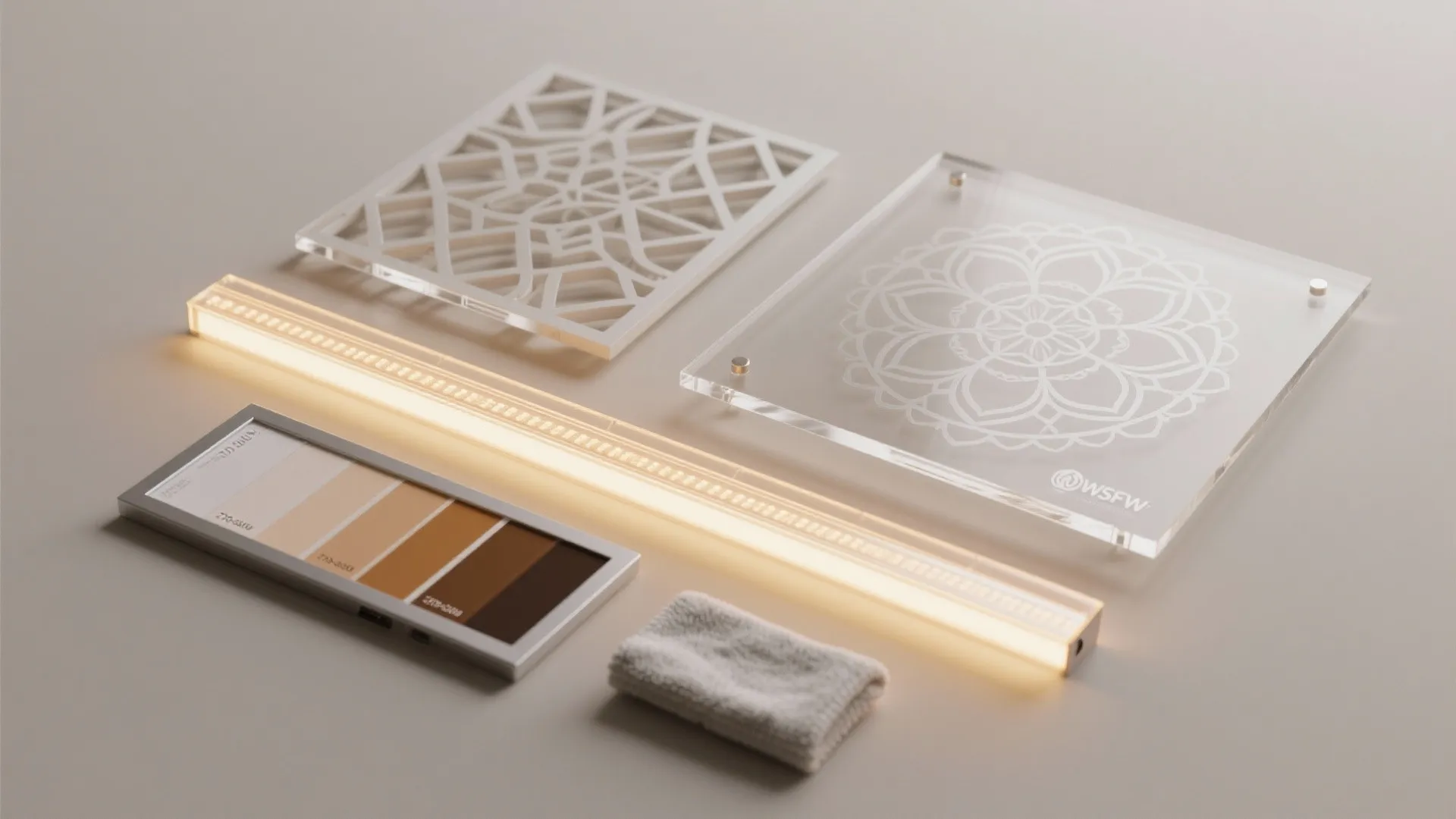 Flatlay showing frosted acrylic mandala panel, LED diffuser channel, warm light chips, and frame swatches.