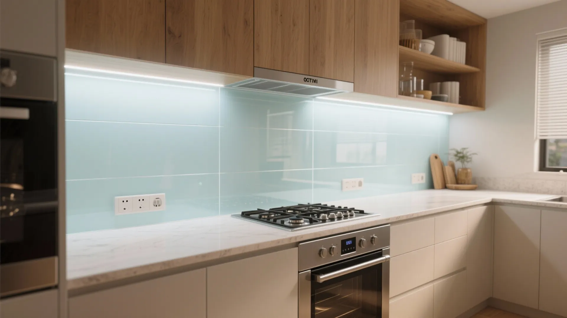 Modern small kitchen with an illuminated acrylic splashback casting even light across the countertop.