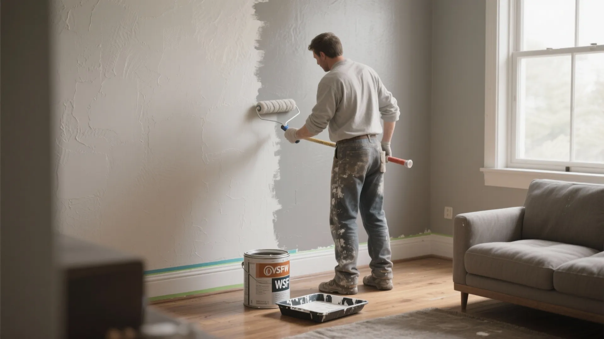 Man using long paint roller to apply grey paint on white textured living room wall