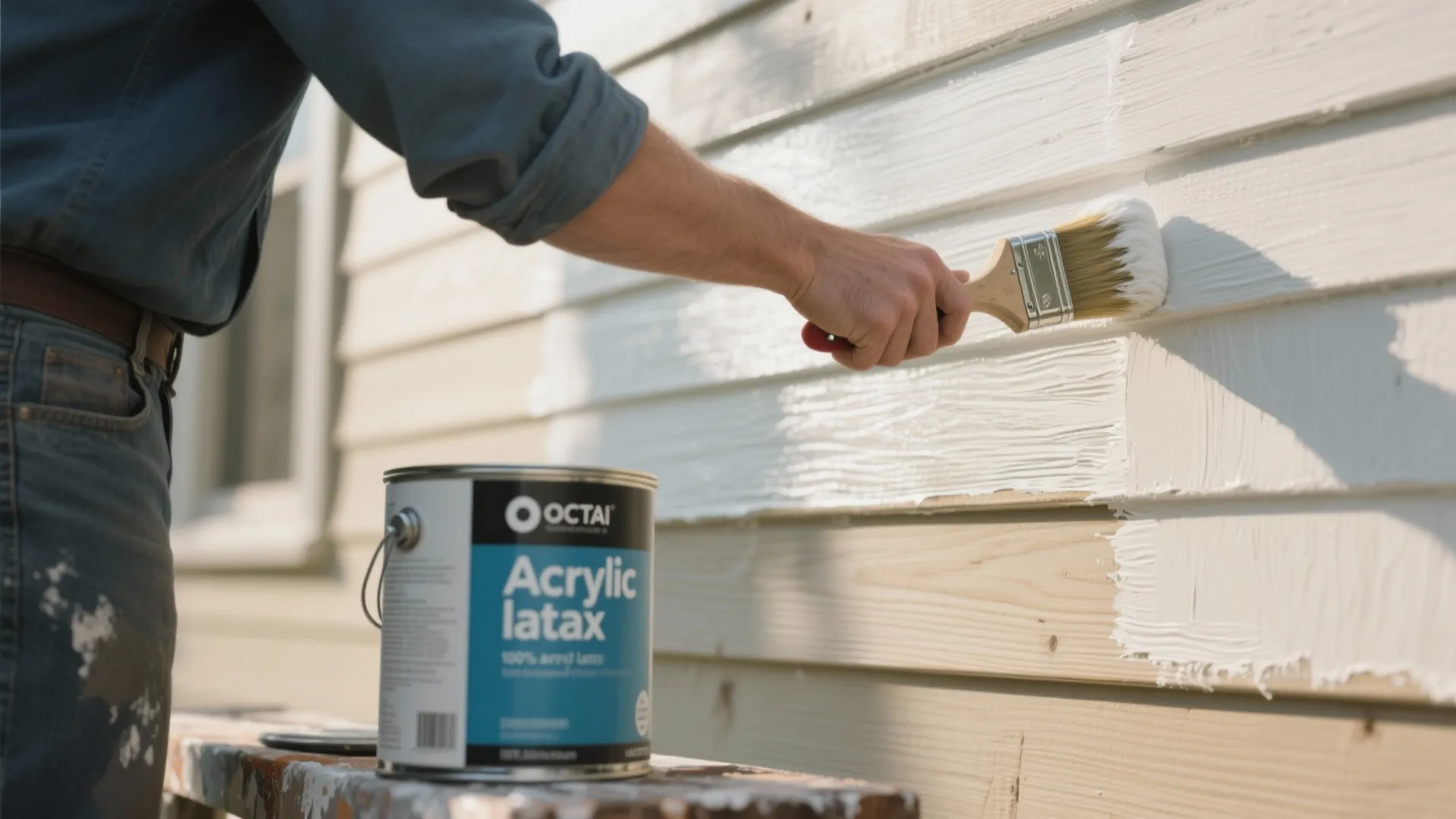 Person painting house wall with white acrylic latex paint using a brush and paint can