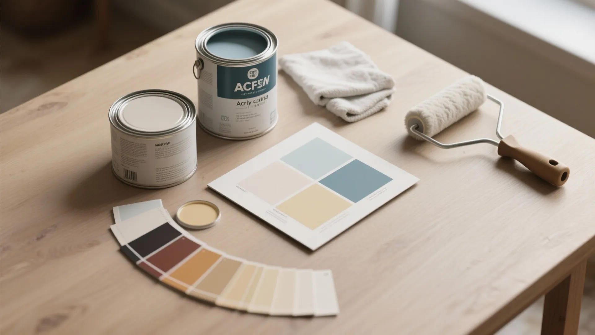 Flatlay of acrylic latex paint sample cans, color chips, and a poster board with test swatches.