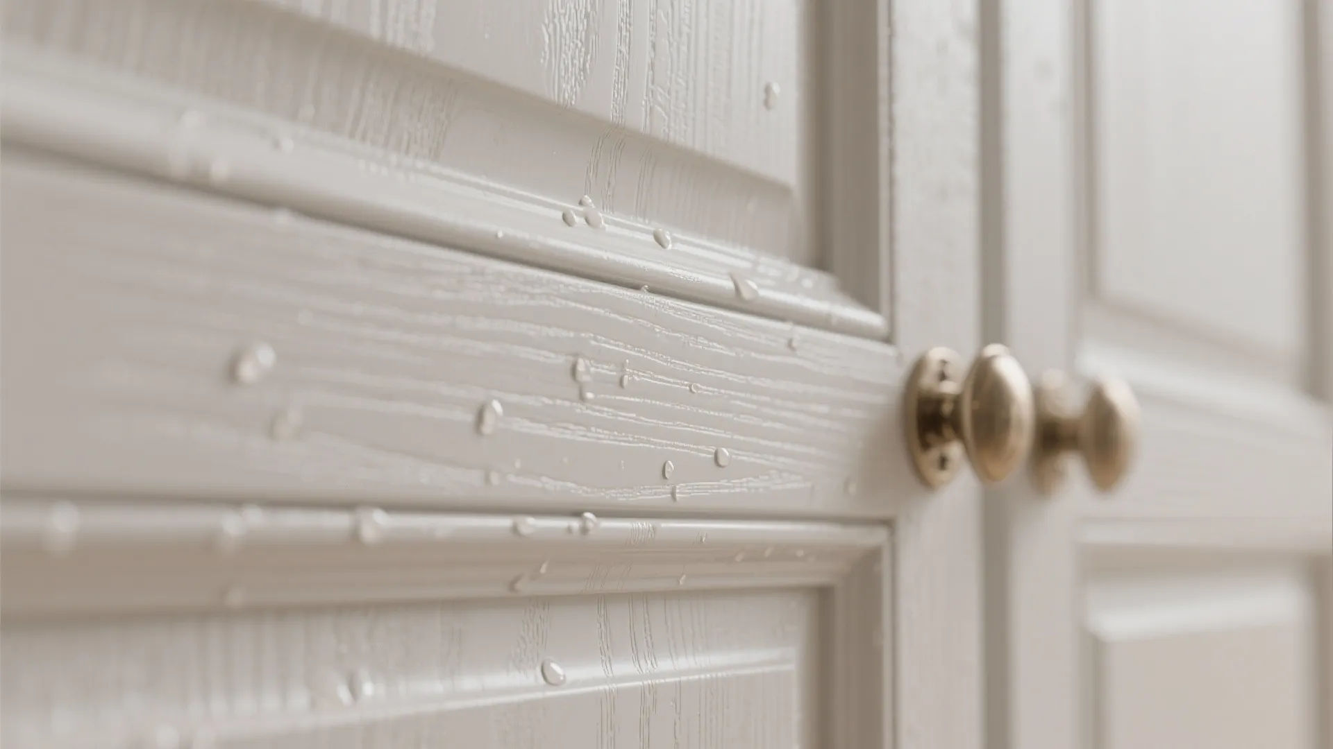 Close-up of semi-gloss moisture-resistant acrylic latex on a cabinet edge with water beading