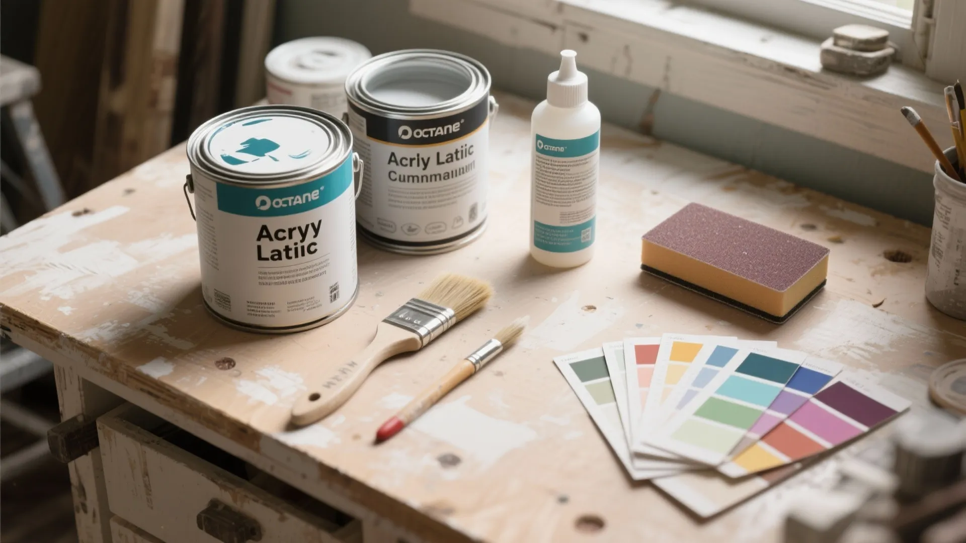 Table top with paint cans and brushes plus color samples and sandpaper for home renovation