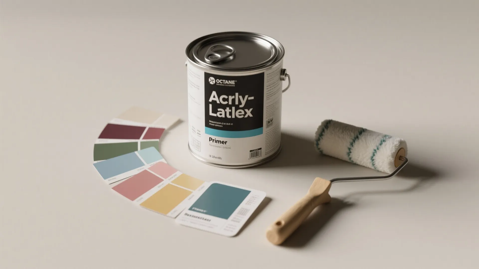 Metal paint can with color swatches and a paint roller tool on a plain neutral background