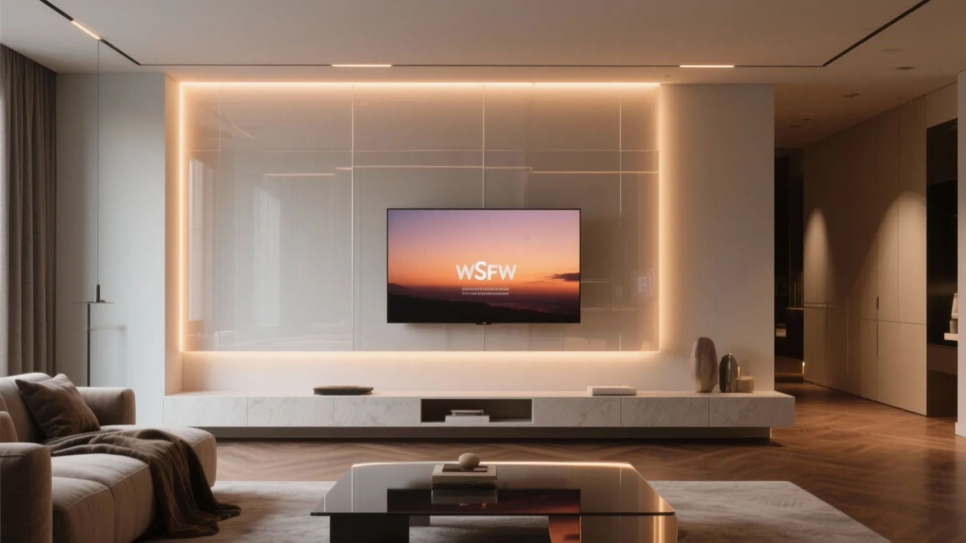 Contemporary living room featuring a back lit wall panel with television marble cabinet and grey sofa