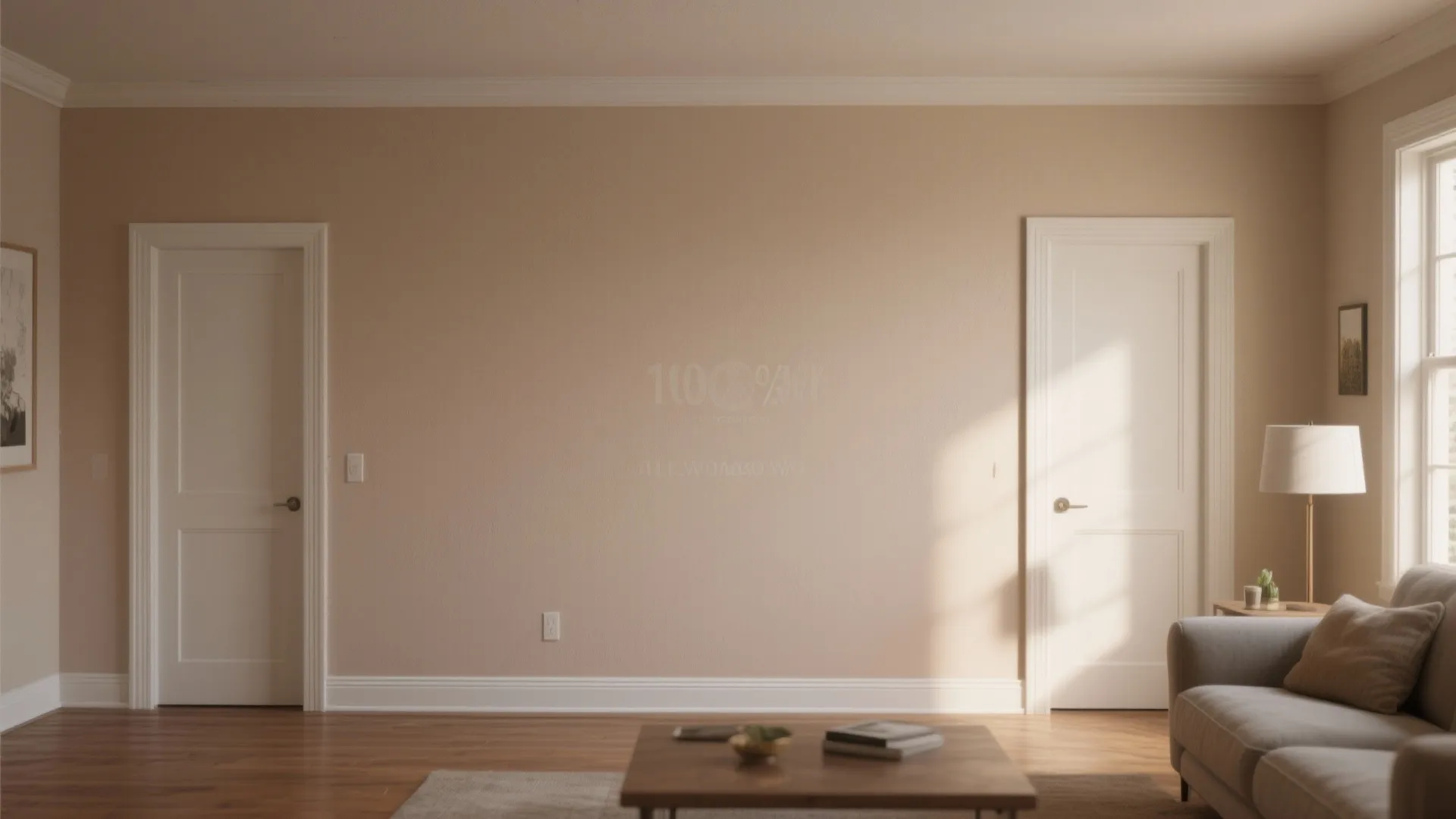 Living room with beige walls and two white doors plus grey sofa and coffee table