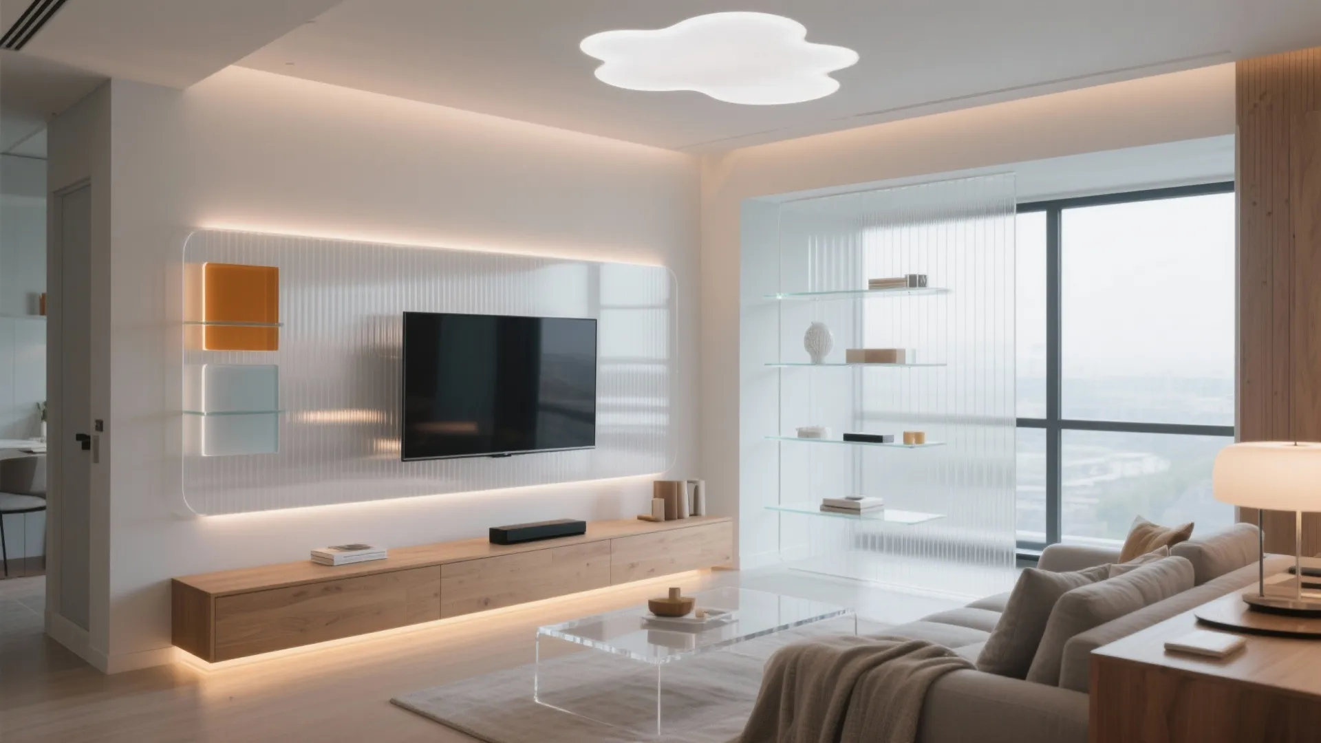 Modern living room with a wall mounted television wooden cabinet glass coffee table and ceiling light