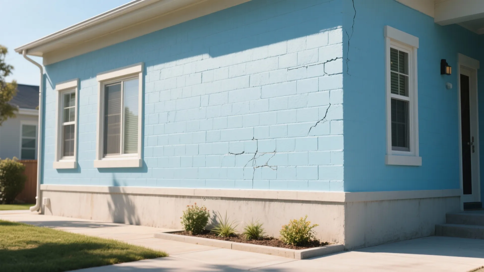 Exterior blue brick house wall showing visible cracks near the window and white concrete foundation