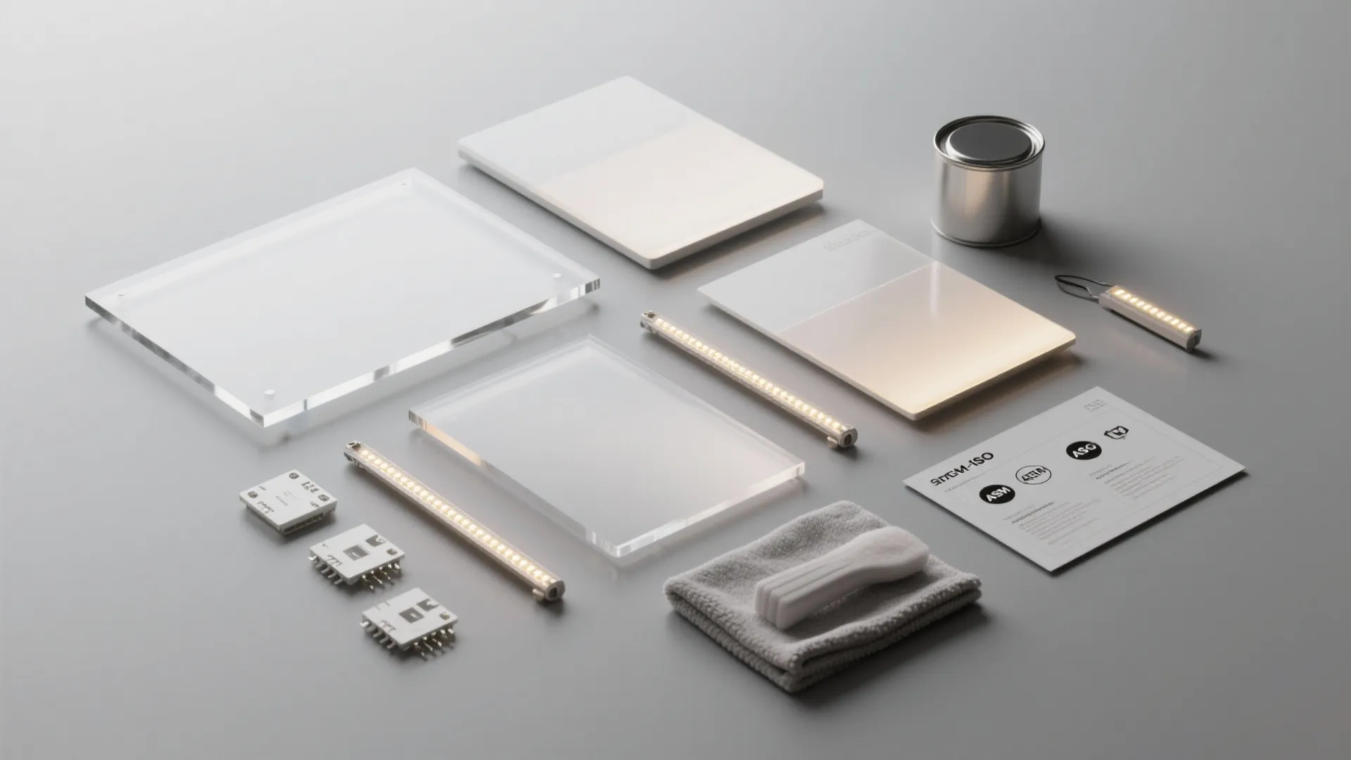 Flatlay of acrylic samples, LEDs, and maintenance items illustrating materials and tools for backlit panels.