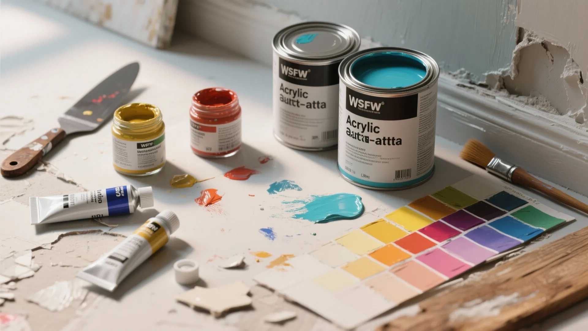 Acrylic paint cans and colorful tubes on a table with color swatches and paint brushes