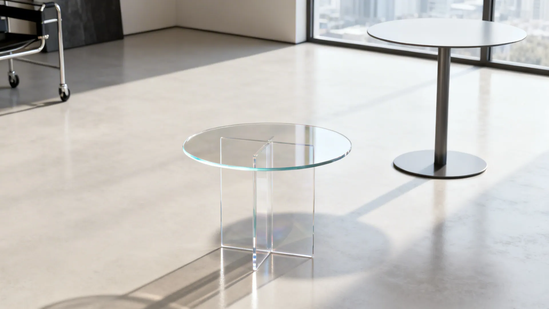 Lightweight acrylic round table and powder-coated metal round table in a bright studio keeping sightlines open
