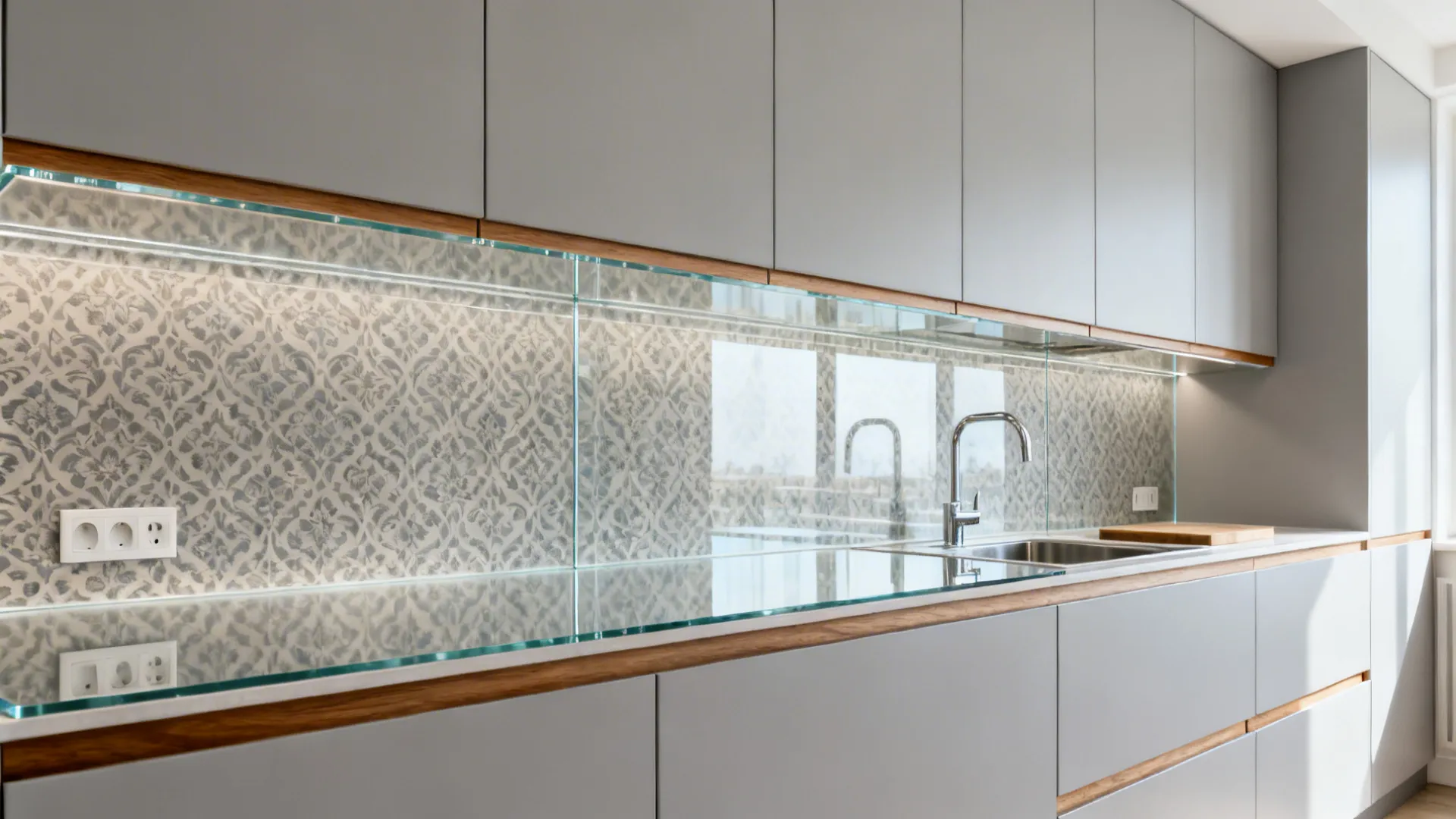 Clear acrylic splashback over patterned wallpaper in a small UK rental kitchen with light grey cabinets.