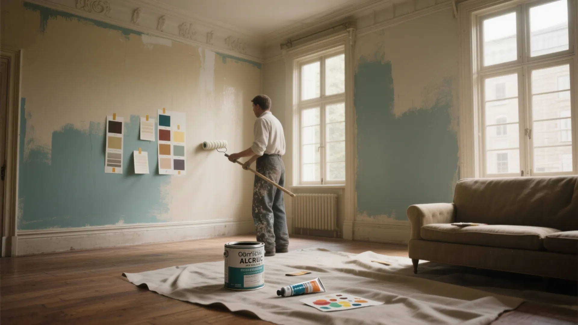 A man using a long paint roller to apply light blue paint on large walls