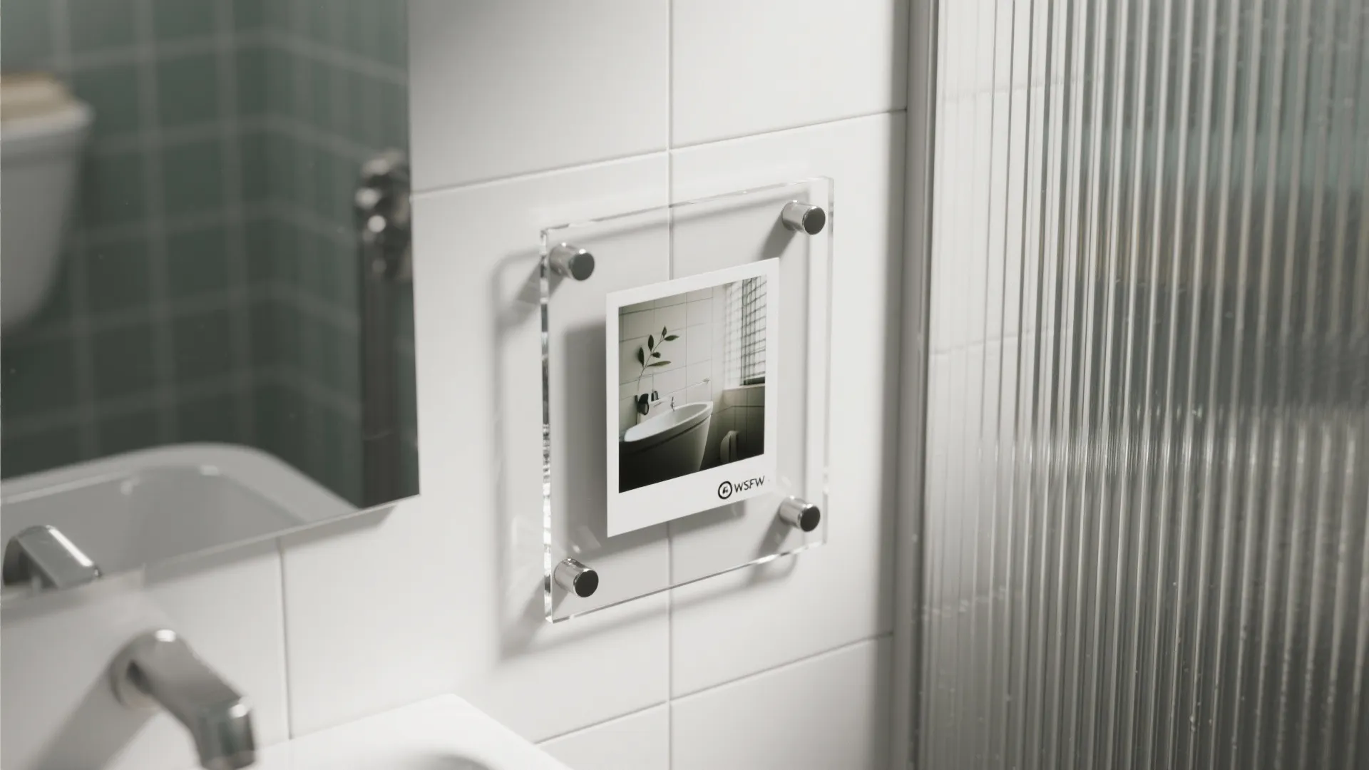 Macro of an acrylic-mounted photo panel with invisible standoffs on a bathroom wall next to ribbed panels.