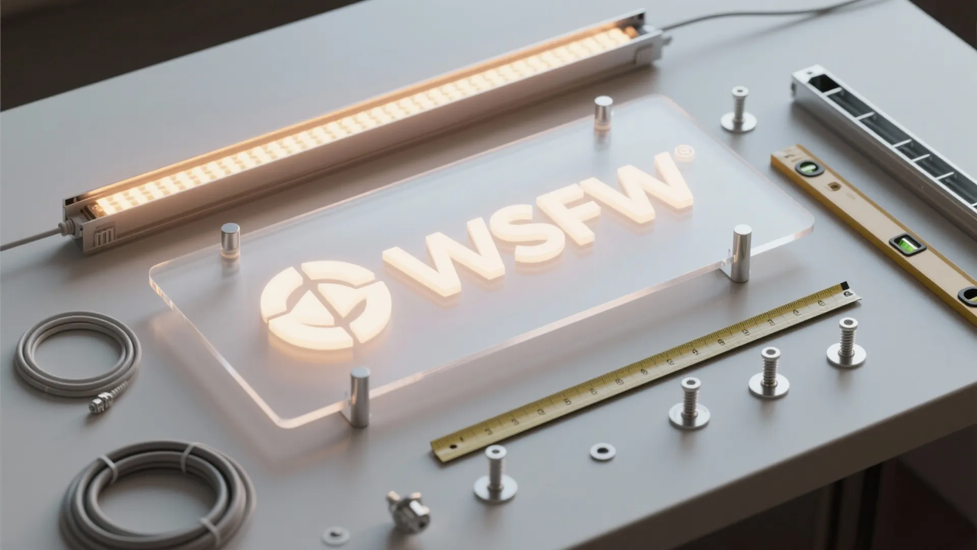 Glowing acrylic logo sign displayed with measuring tools and light strips on a white table