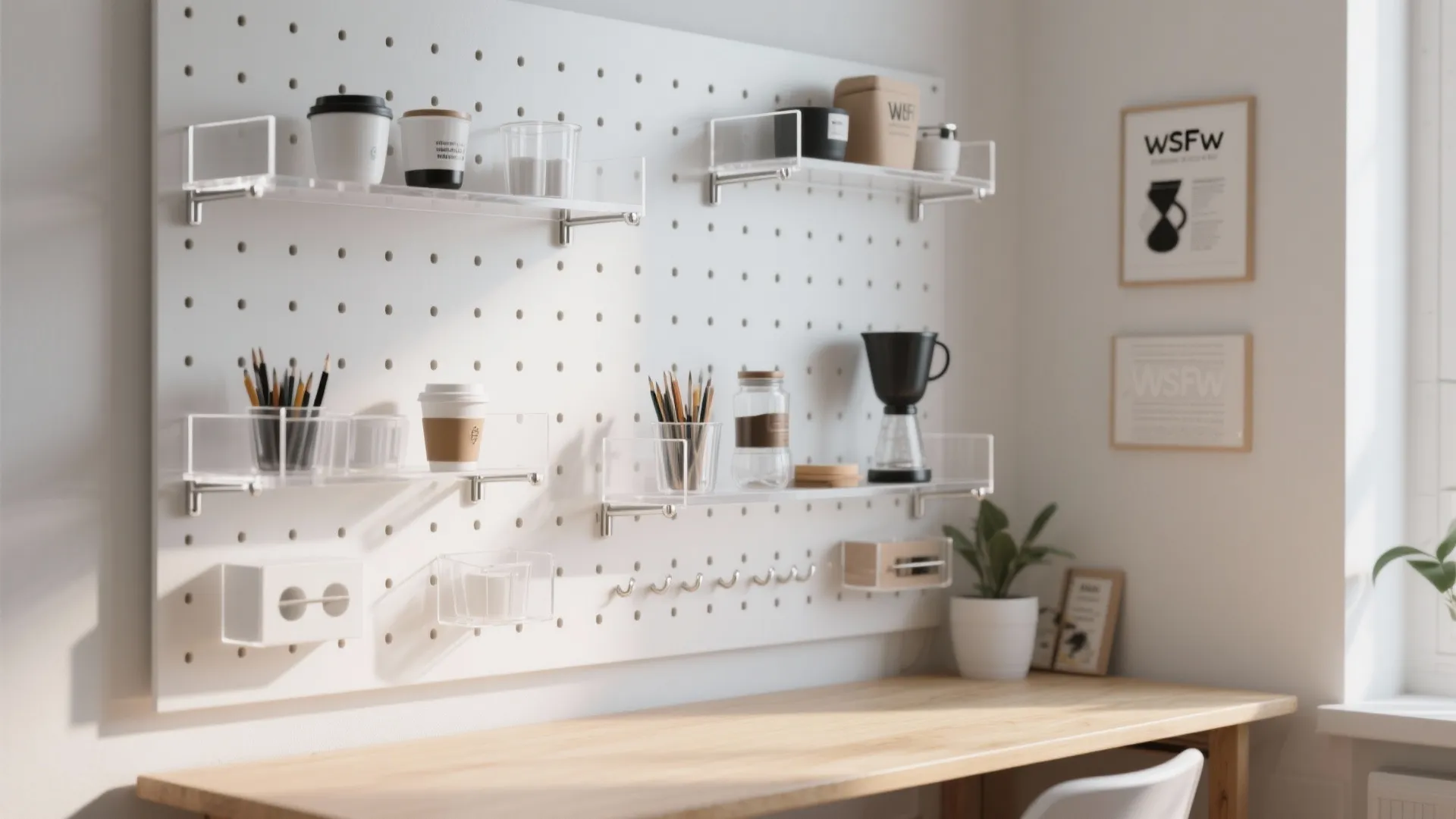 Acrylic pegboard and floating shelving for flexible storage