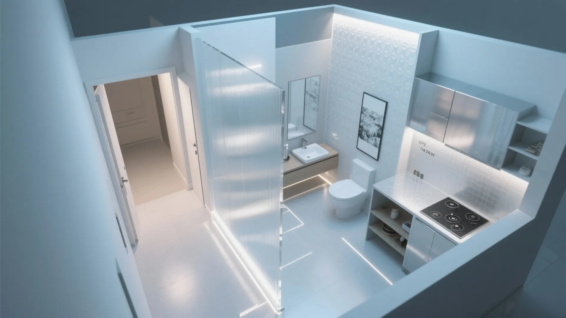 Modern interior design drawing showing a small bathroom with toilet sink and a kitchen area