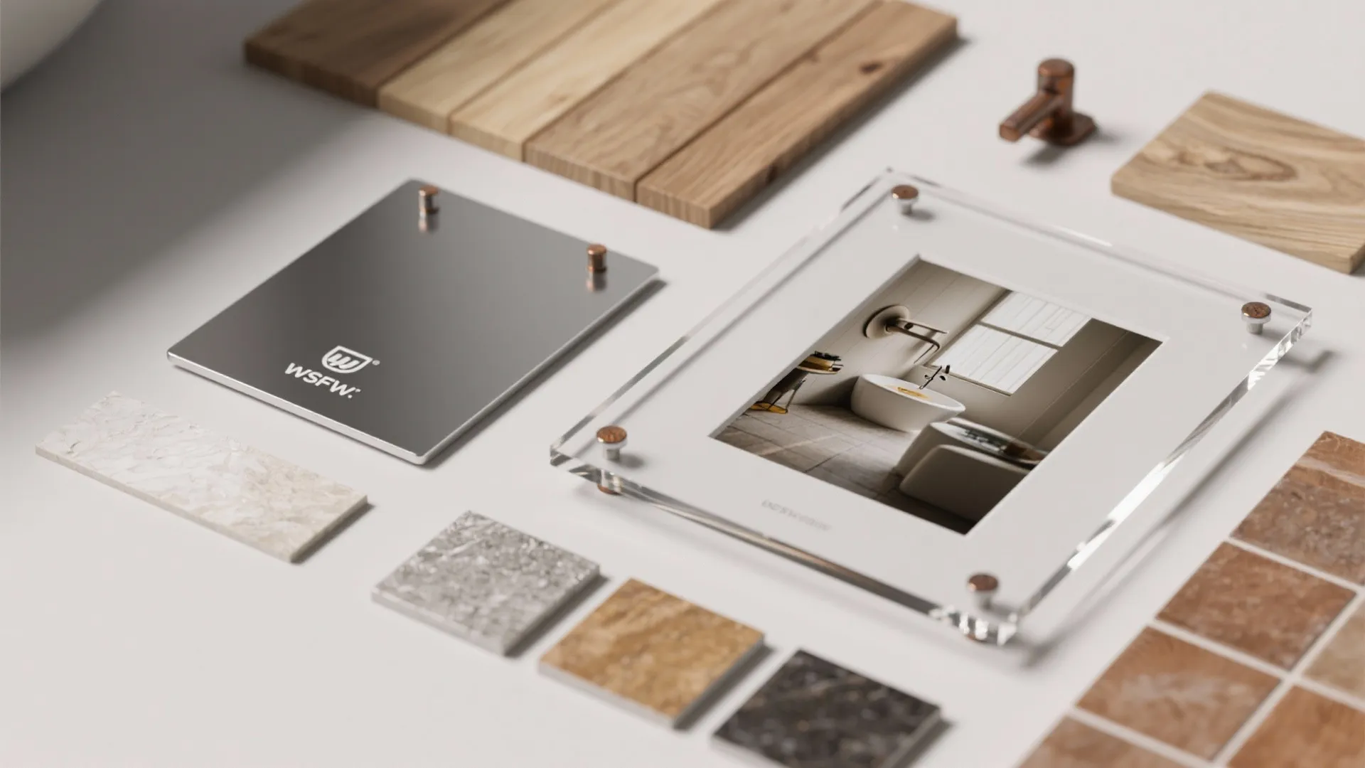 Interior design material board featuring wood samples, stone tiles, and an acrylic frame with photo