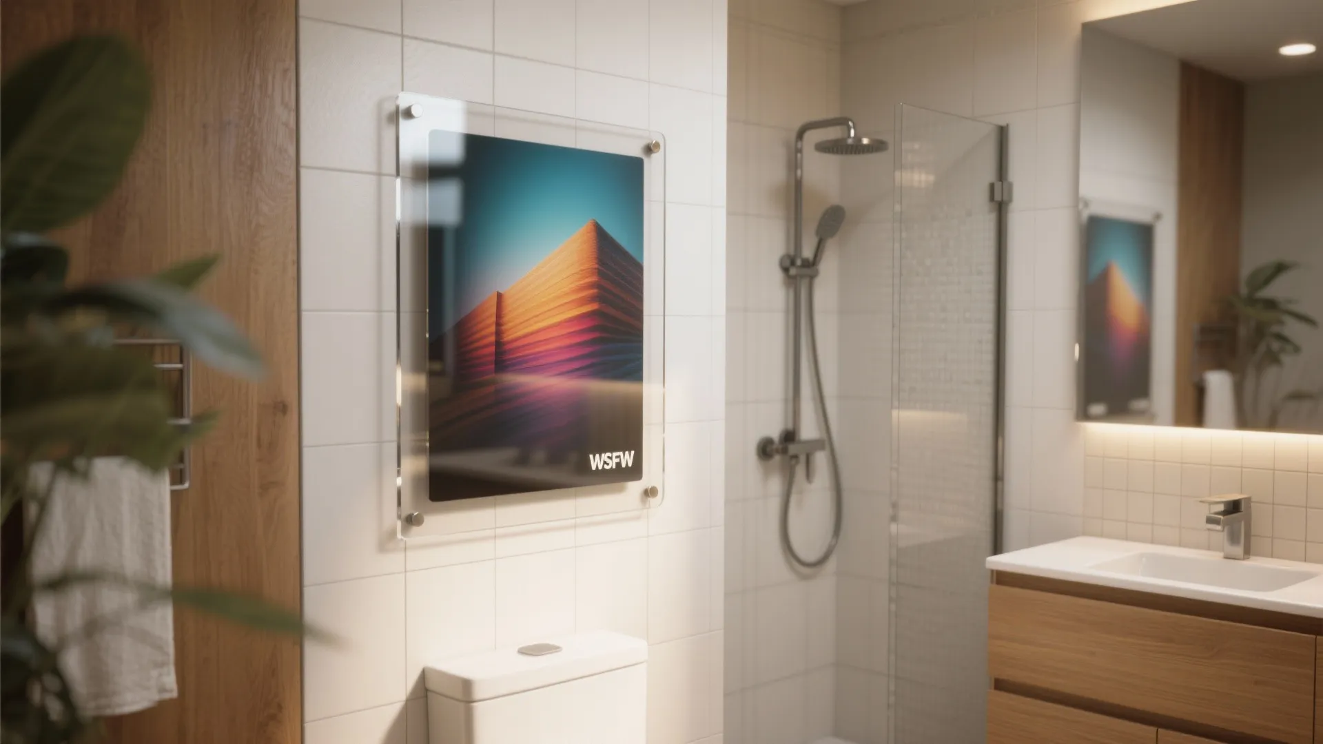Modern bathroom interior featuring an acrylic art print on tile wall near shower and sink