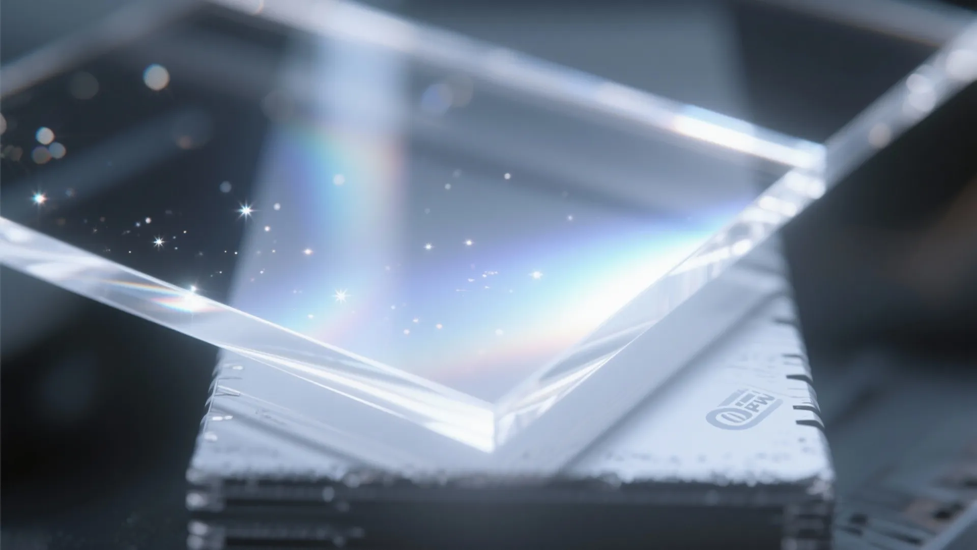 Clear acrylic panel reflecting rainbow light with small sparkling stars on a grey industrial surface