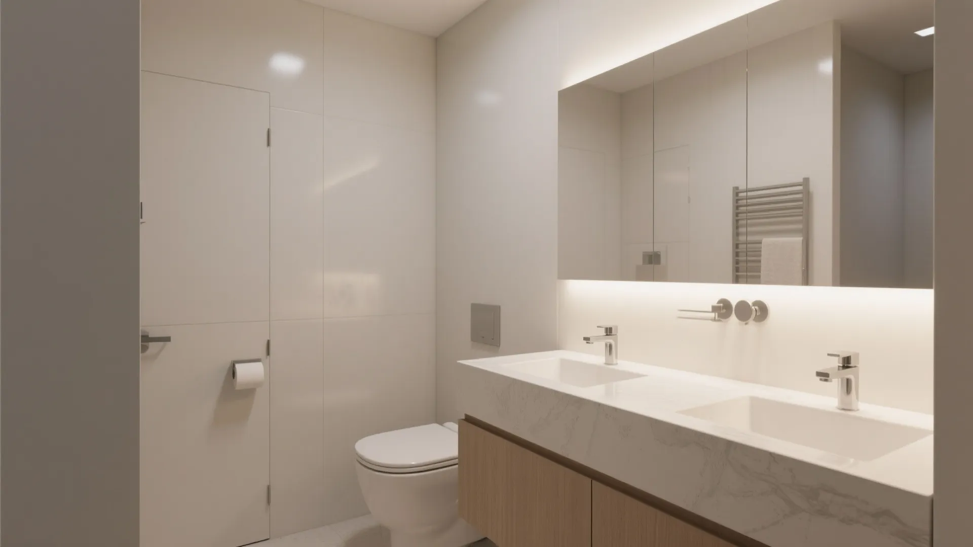 Modern clean bathroom with double sink vanity large mirror toilet and bright white wall tile