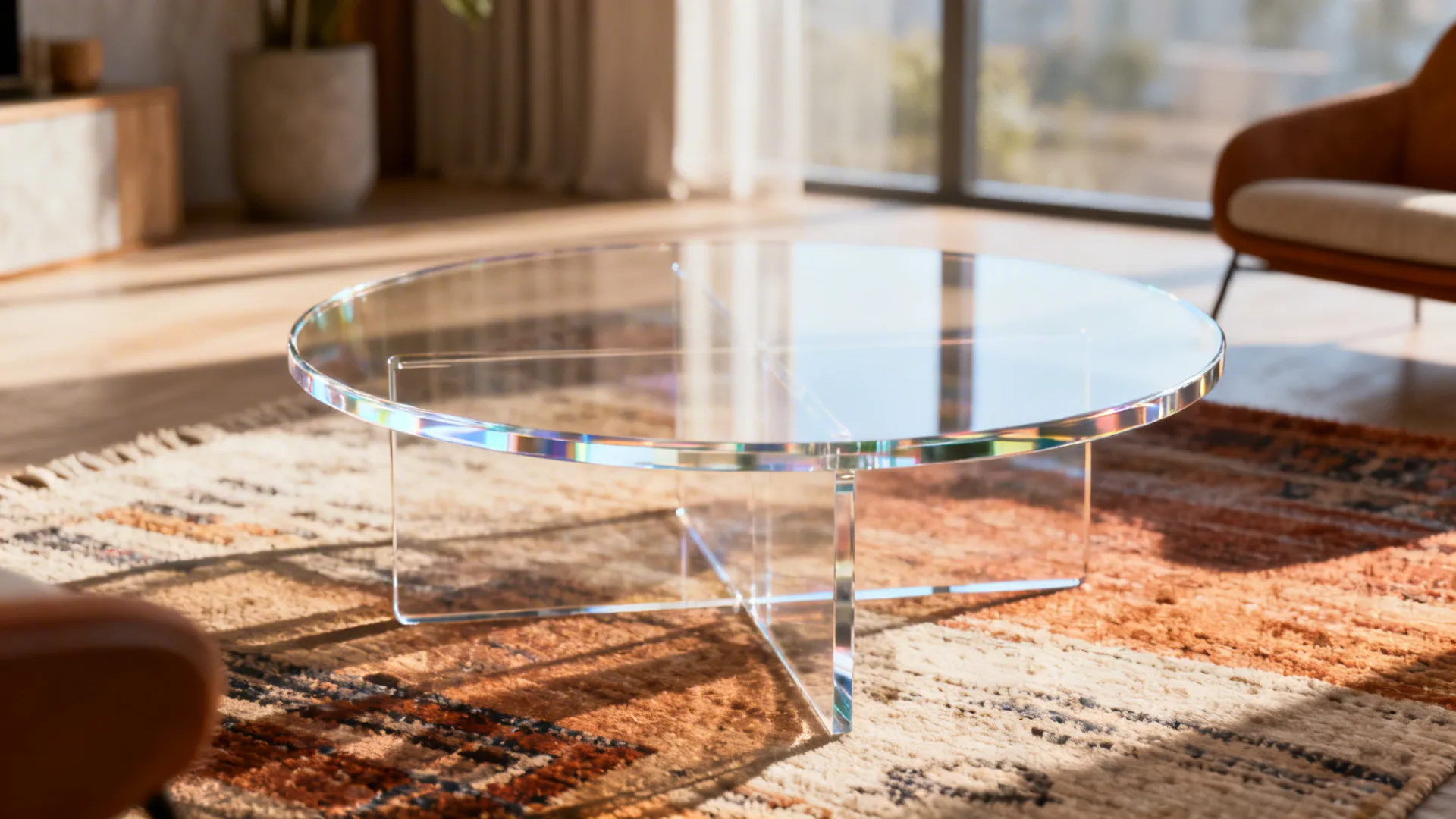 Clear round glass coffee table with a cross base sitting on a rug in sunlight