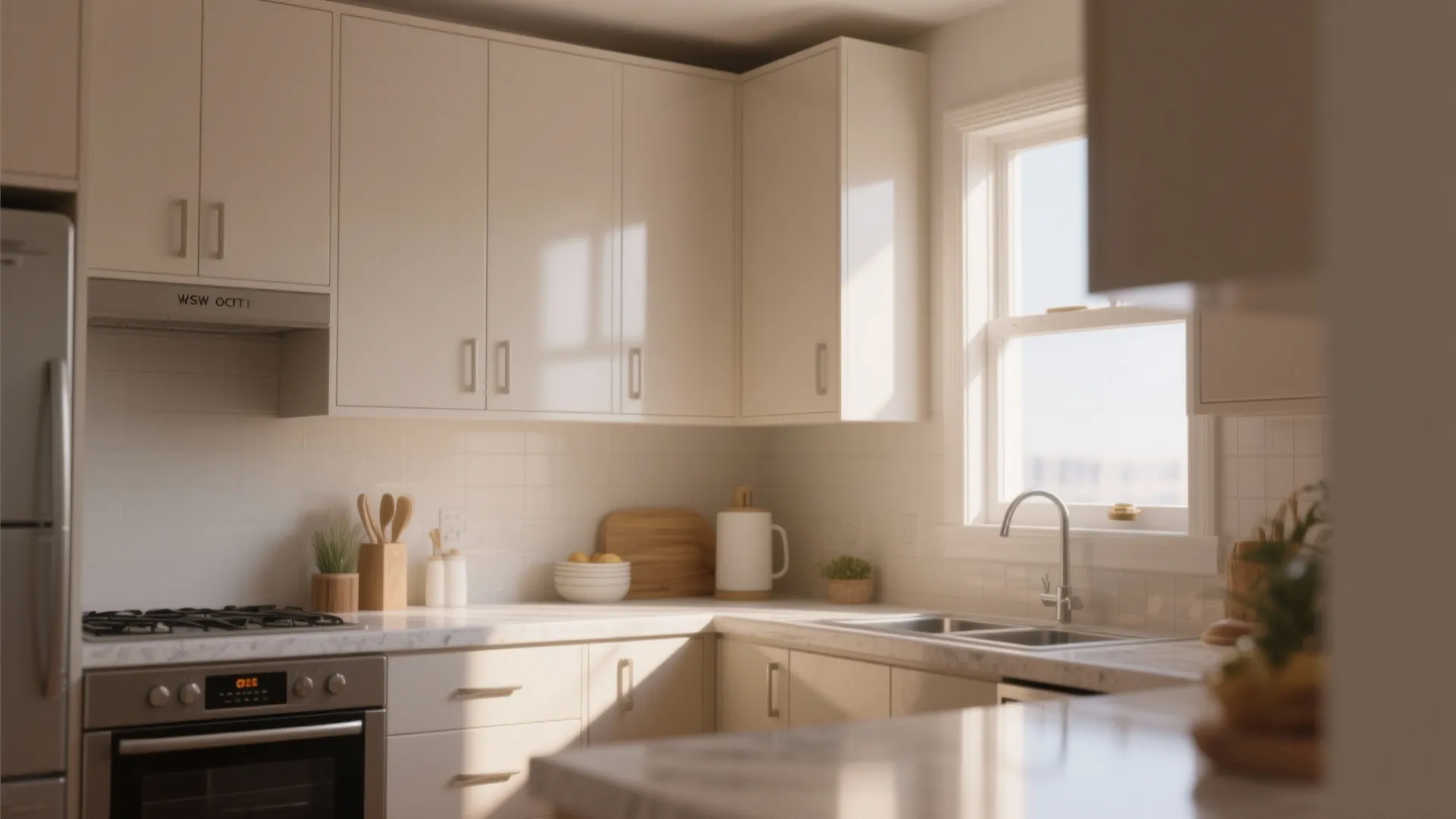 Small bright kitchen with satin-finish acrylic-latex painted cabinets and clean counters