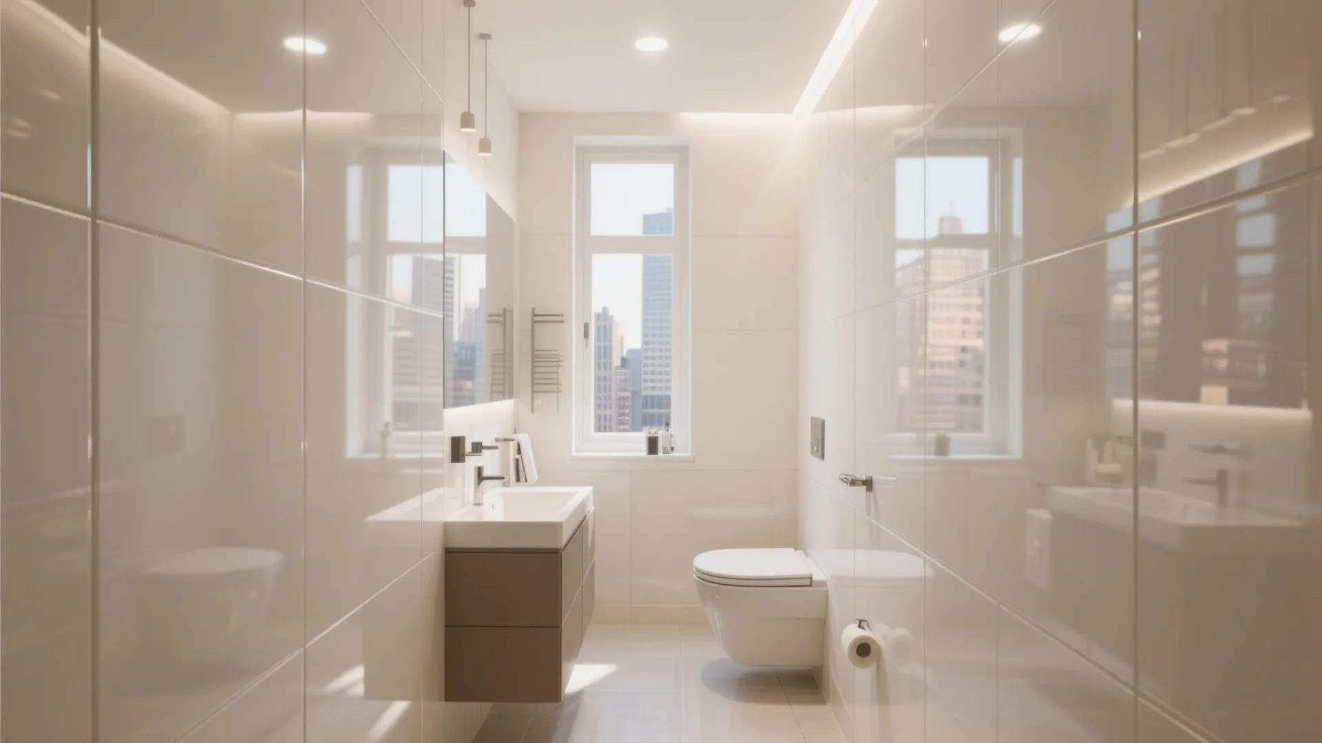 Minimalist beige bathroom with glossy wall panels white toilet small sink and window with city view
