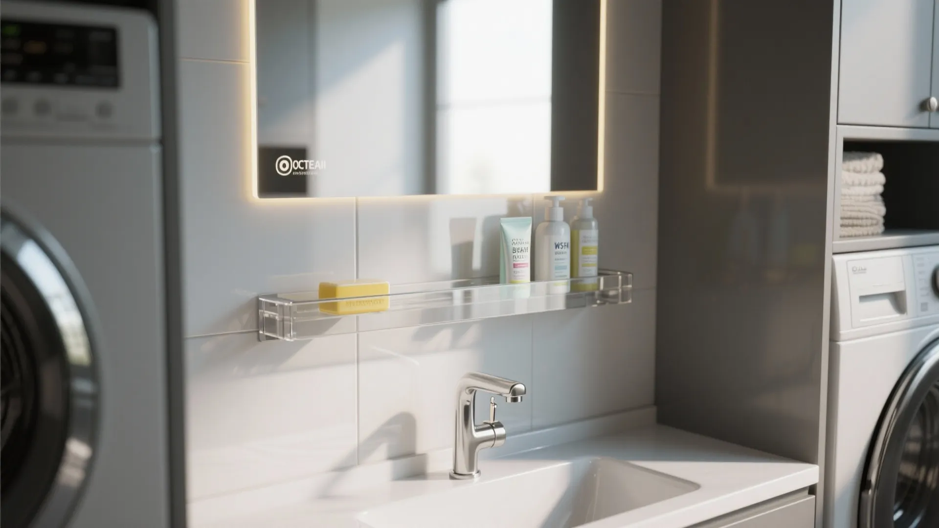 Clear plastic shelf holding soap and bottles under a lighted mirror in a modern bathroom