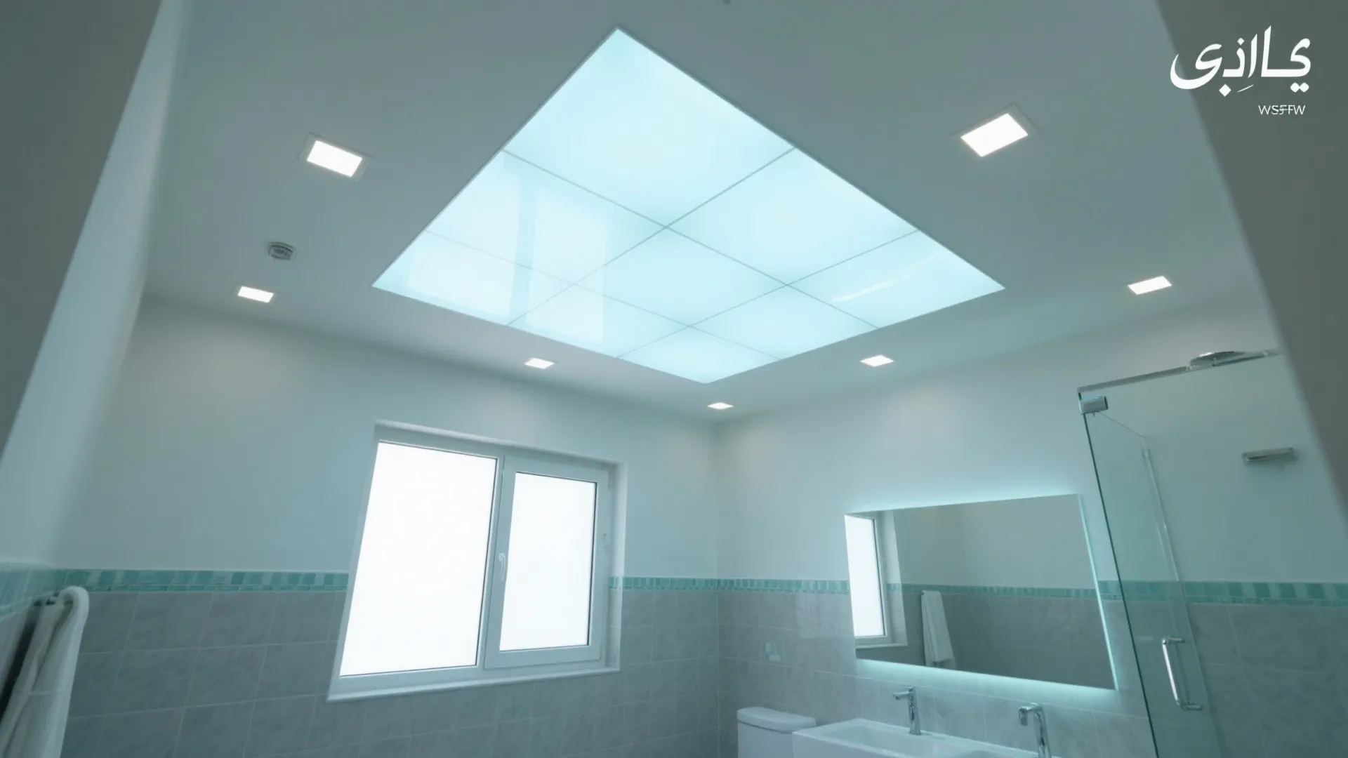 Modern white bathroom with blue sky light ceiling panel and square light fixtures on walls