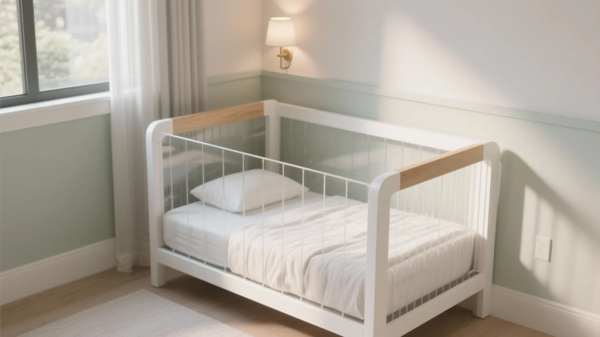 Modern white baby bed with clear side panels wooden rails and a small wall light