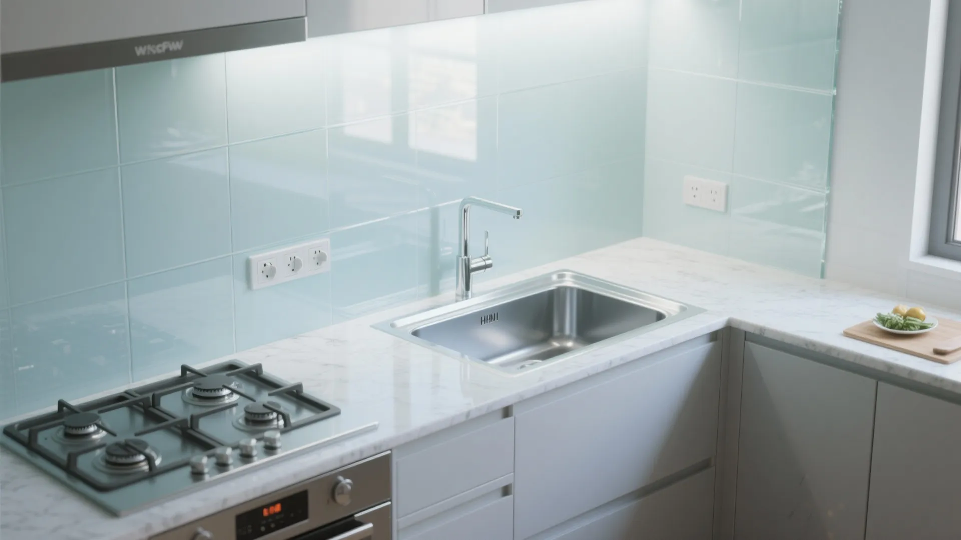 Acrylic backsplash and splash-zone panels in kitchens and baths